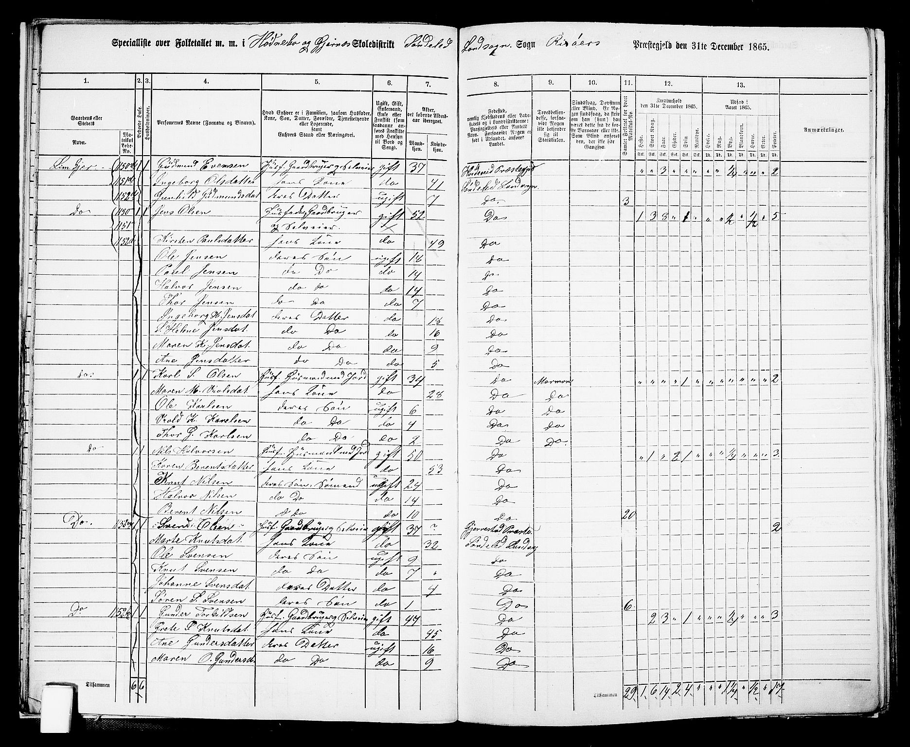 RA, Folketelling 1865 for 0913L Risør prestegjeld, Søndeled sokn, 1865, s. 18