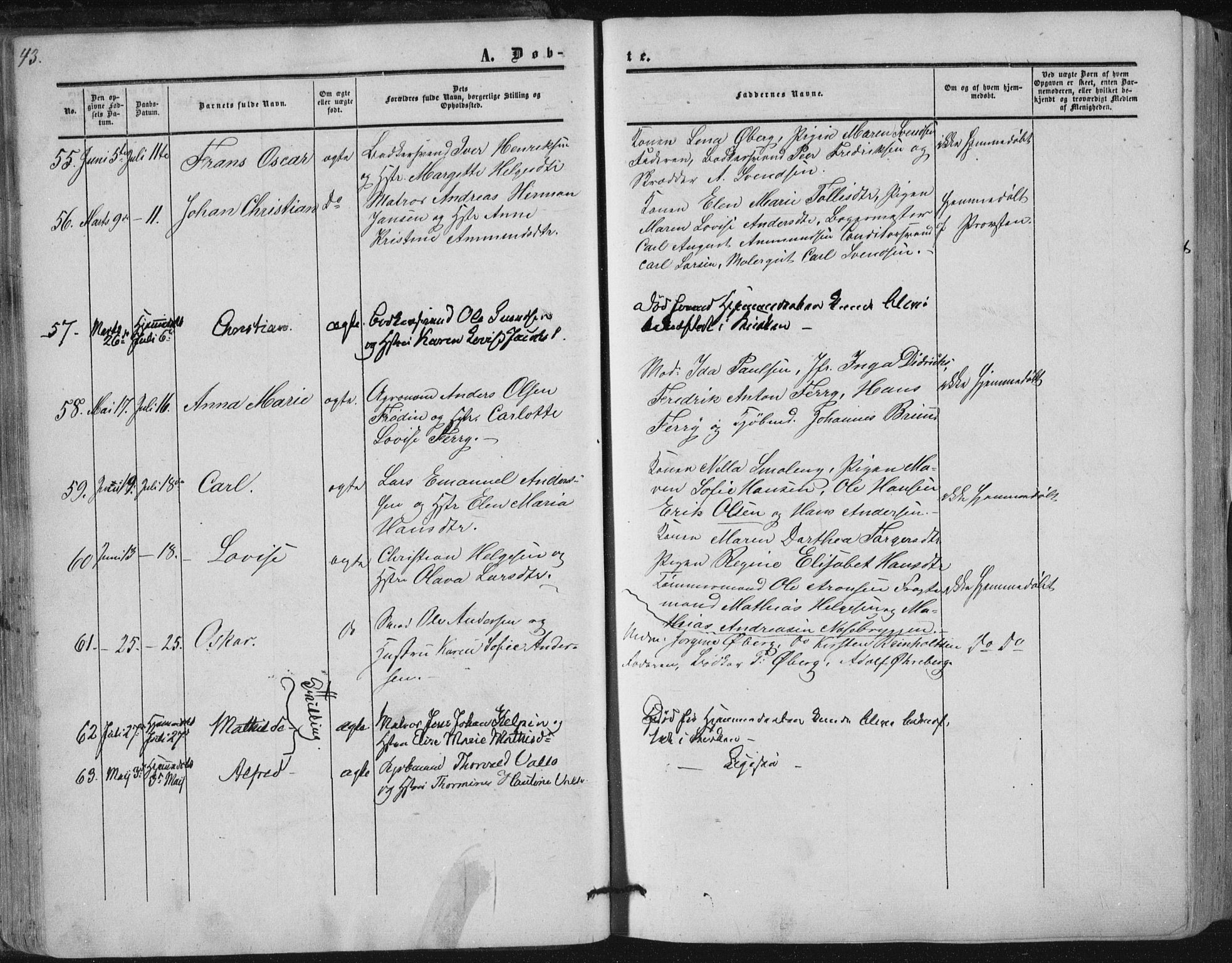Tønsberg kirkebøker, AV/SAKO-A-330/F/Fa/L0008: Ministerialbok nr. I 8, 1855-1864, s. 43
