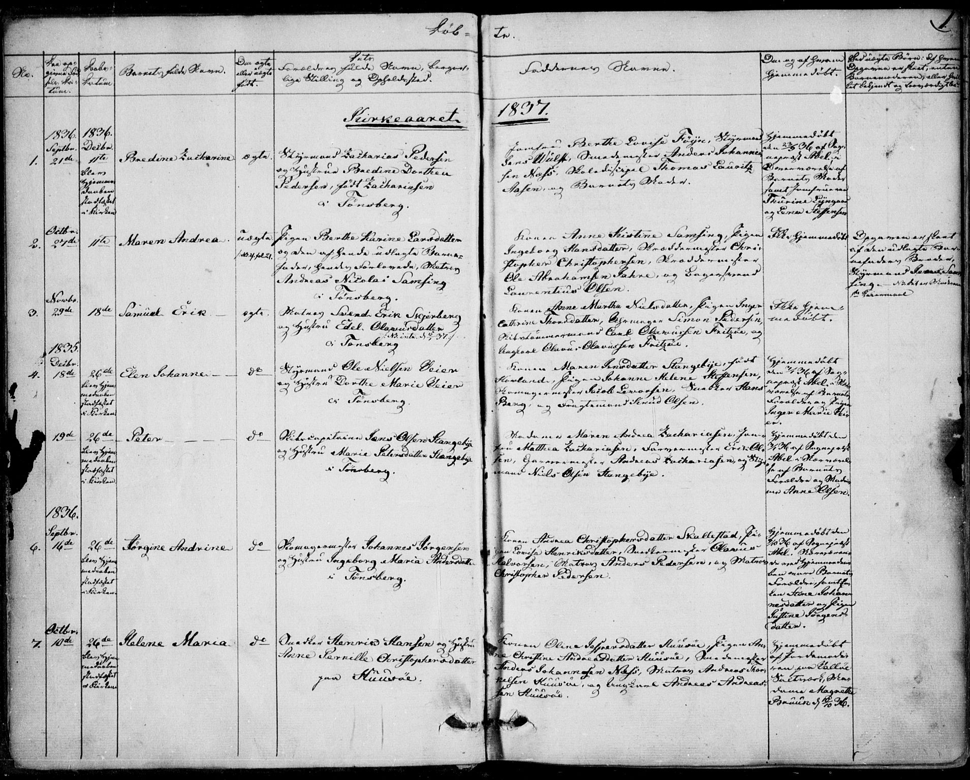 Tønsberg kirkebøker, AV/SAKO-A-330/F/Fa/L0006: Ministerialbok nr. I 6, 1836-1844, s. 1