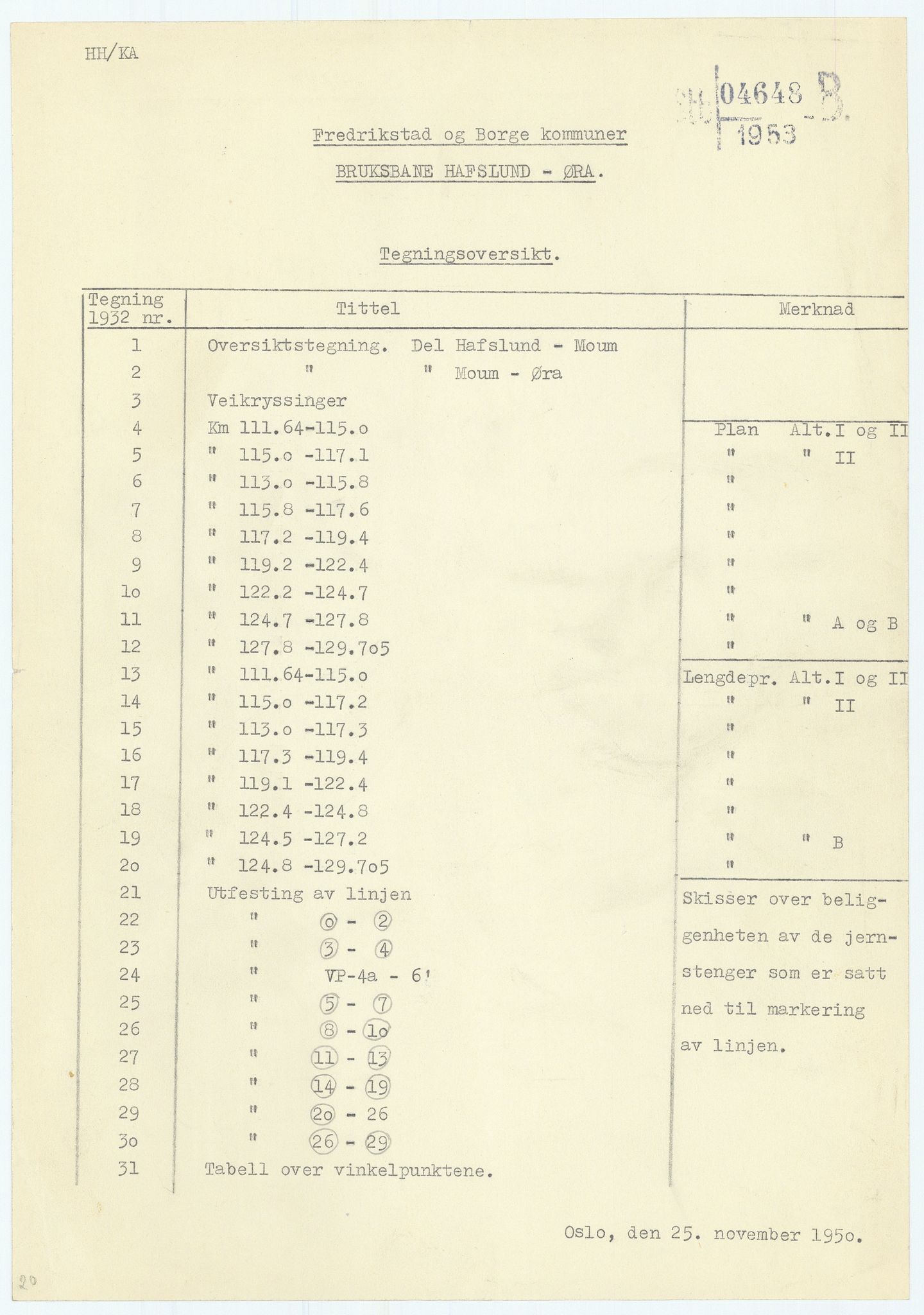 Norges Statsbaner, Baneavdelingen B, RA/S-1619/1/F/Fa/L0023: BRUKSBANE SARPSBORG(HAFSLUND)-FREDRIKSTAD(ØRA), 1953, s. 1