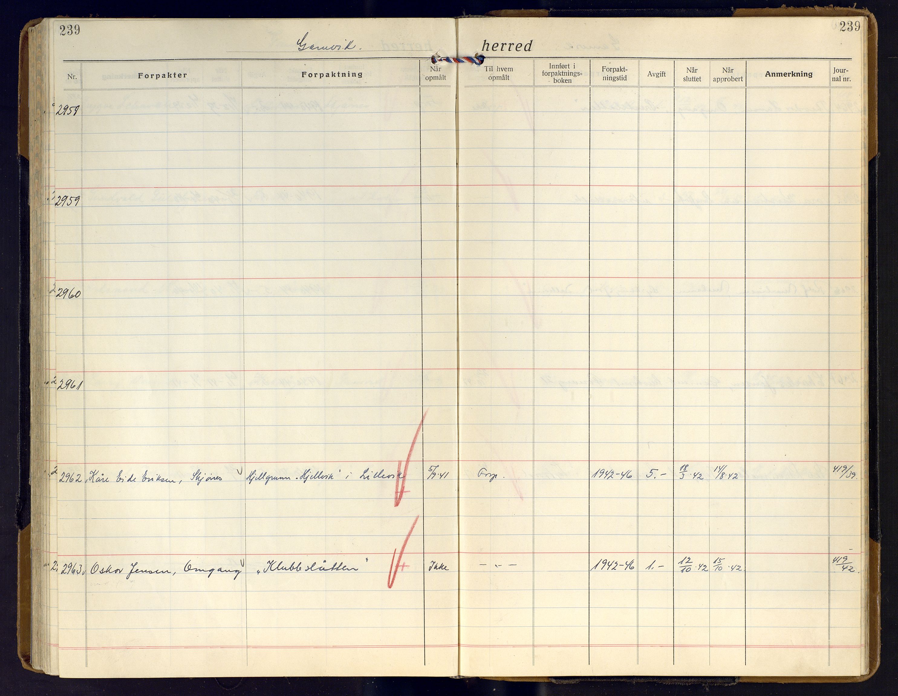 Finnmark jordsalgskommisjon/jordsalgskontor og Statskog SF Finnmark jordsalgskontor, AV/SATØ-S-1443/J/Ja/L0011: Forpaktningsbok for Finnmark II, 1921-1948, s. 239