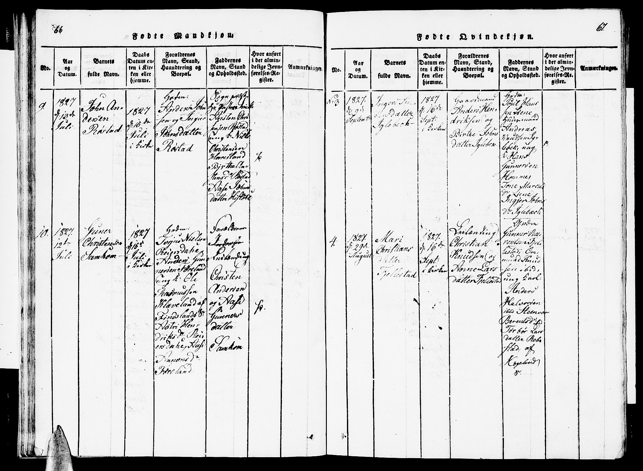 Vennesla sokneprestkontor, AV/SAK-1111-0045/Fb/Fbc/L0001: Klokkerbok nr. B 1, 1820-1834, s. 66-67