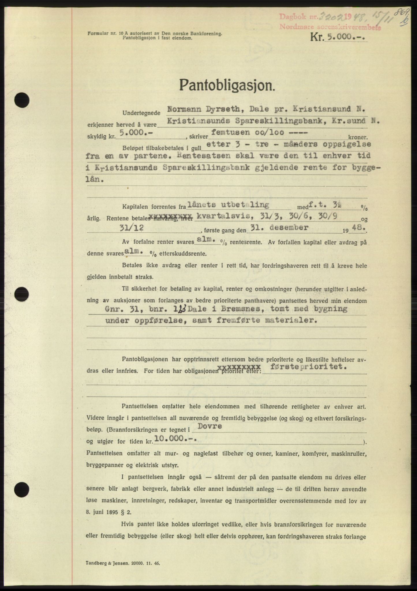 Nordmøre sorenskriveri, SAT/A-4132/1/2/2Ca: Pantebok nr. B100, 1948-1949, Dagboknr: 3202/1948