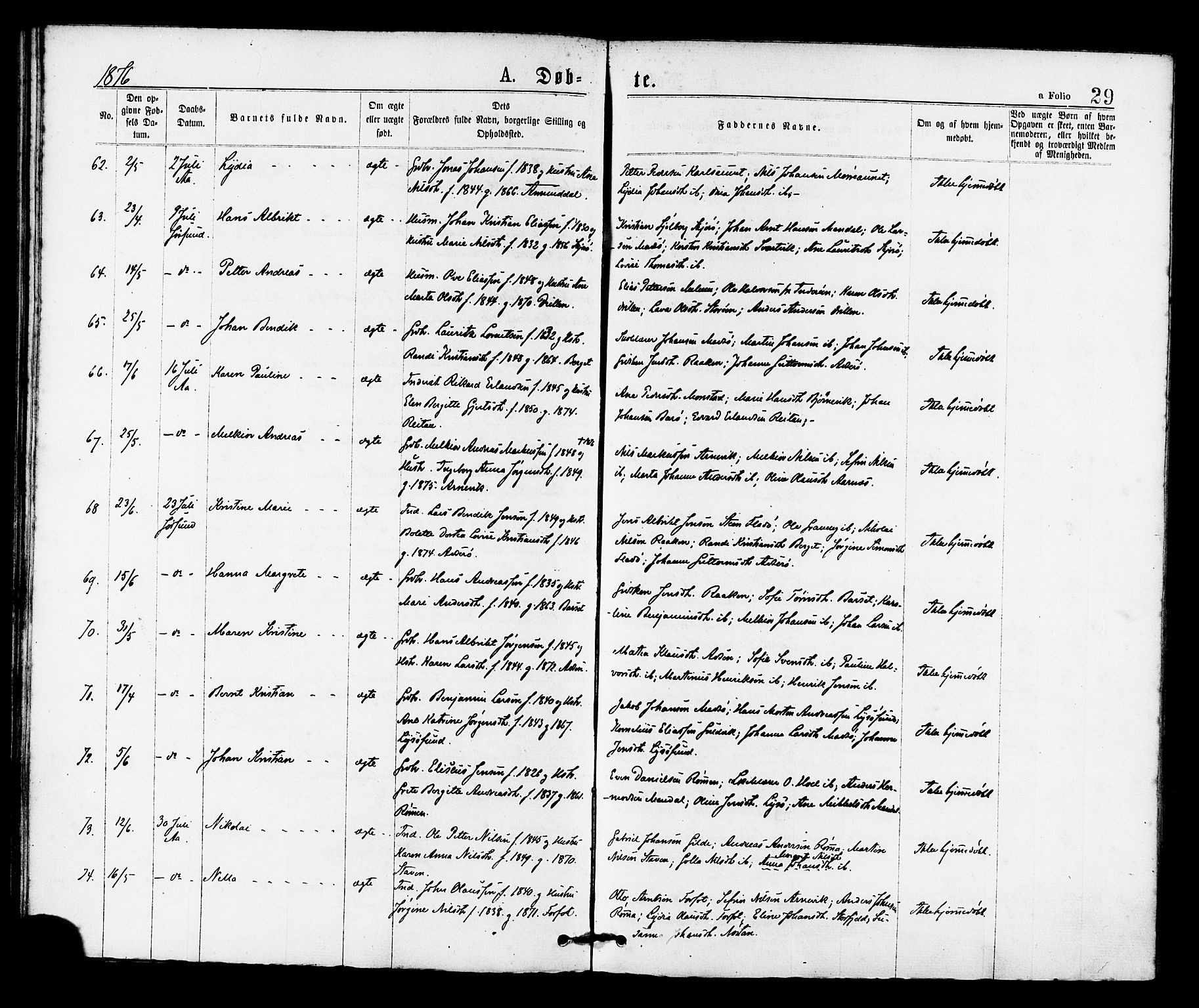 Ministerialprotokoller, klokkerbøker og fødselsregistre - Sør-Trøndelag, SAT/A-1456/655/L0679: Ministerialbok nr. 655A08, 1873-1879, s. 29