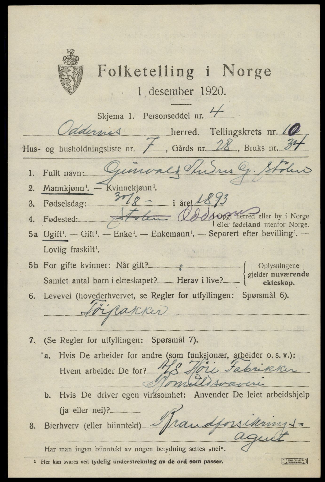 SAK, Folketelling 1920 for 1012 Oddernes herred, 1920, s. 6441