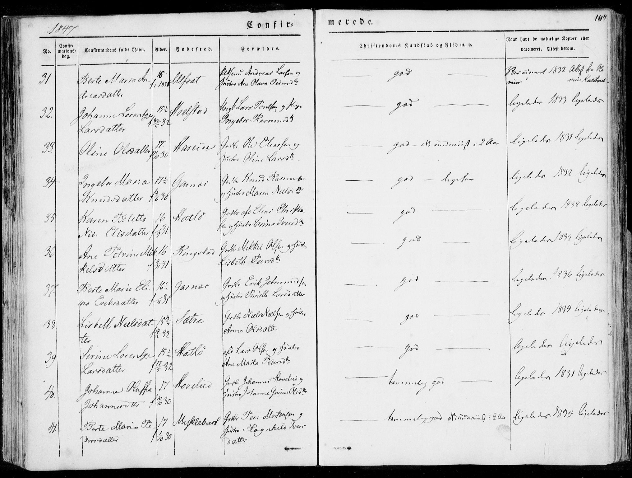 Ministerialprotokoller, klokkerbøker og fødselsregistre - Møre og Romsdal, AV/SAT-A-1454/509/L0104: Ministerialbok nr. 509A02, 1833-1847, s. 147