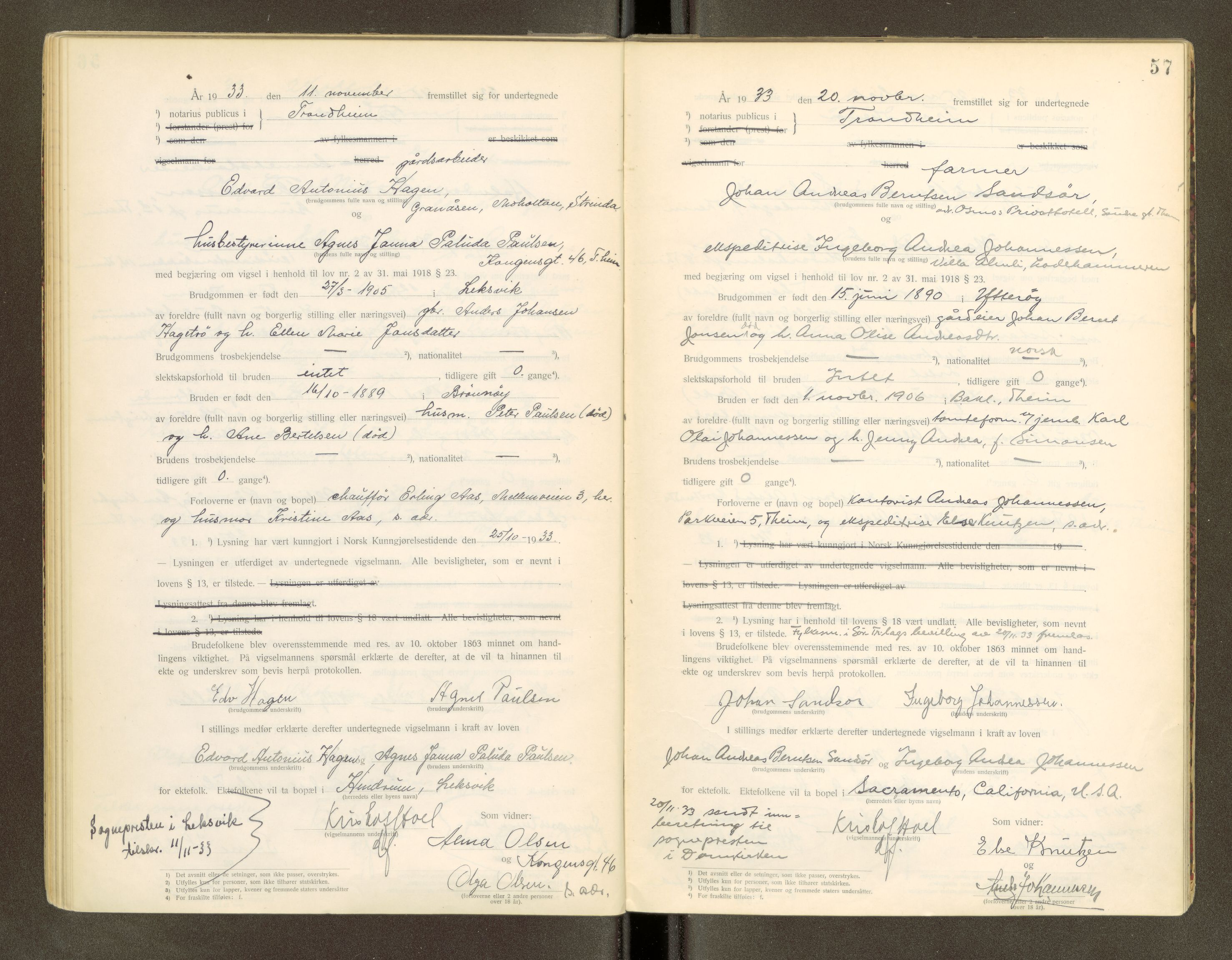 Trondheim byfogd, AV/SAT-A-0003/1/6/6D/L0001: Vigselbøker, 1920-1937, s. 57