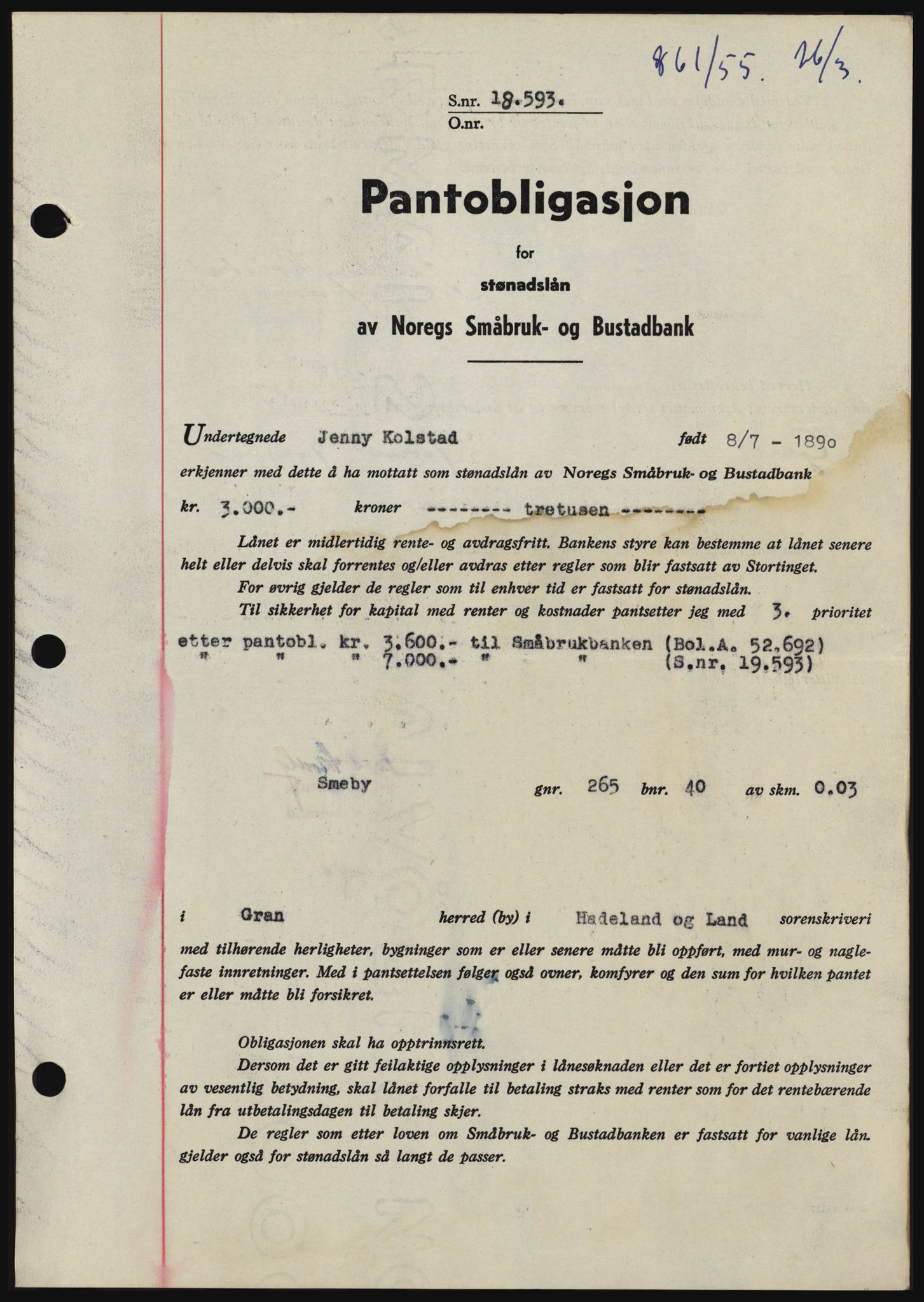 Hadeland og Land tingrett, SAH/TING-010/H/Hb/Hbc/L0032: Pantebok nr. B32, 1955-1955, Dagboknr: 861/1955