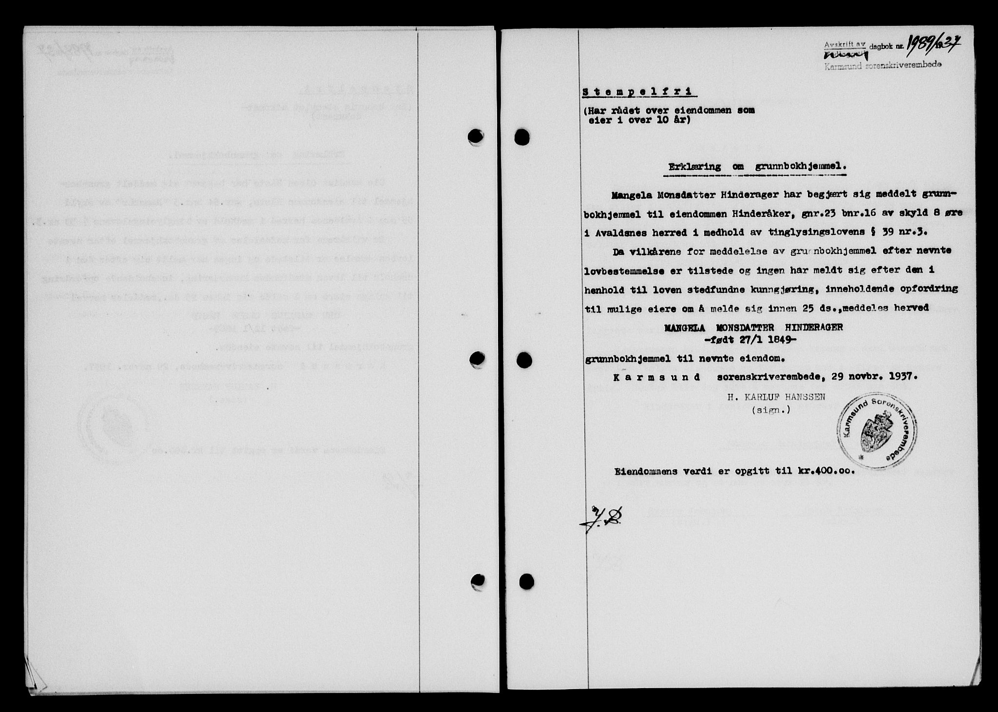 Karmsund sorenskriveri, SAST/A-100311/01/II/IIB/L0068: Pantebok nr. 49A, 1937-1937, Dagboknr: 1989/1937