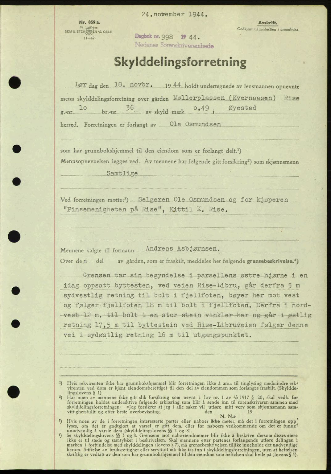 Nedenes sorenskriveri, SAK/1221-0006/G/Gb/Gba/L0052: Pantebok nr. A6a, 1944-1945, Dagboknr: 998/1944