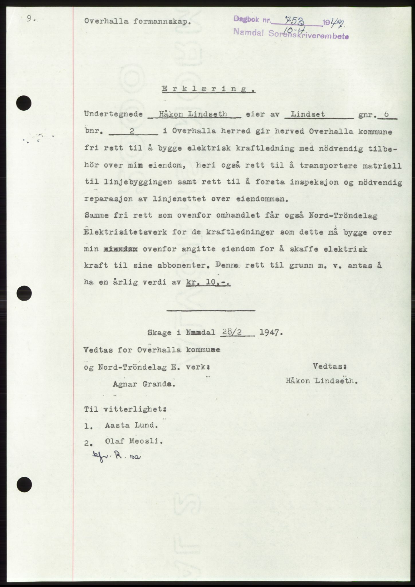 Namdal sorenskriveri, SAT/A-4133/1/2/2C: Pantebok nr. -, 1947-1947, Dagboknr: 753/1947