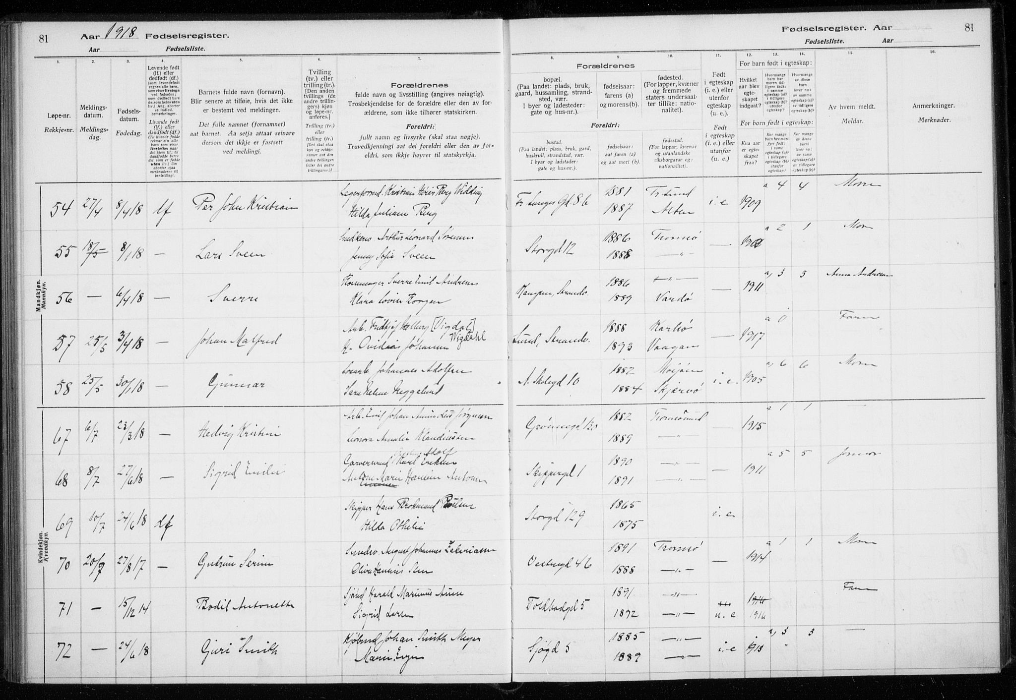 Tromsø sokneprestkontor/stiftsprosti/domprosti, AV/SATØ-S-1343/H/Ha/L0131: Fødselsregister nr. 131, 1916-1921, s. 81