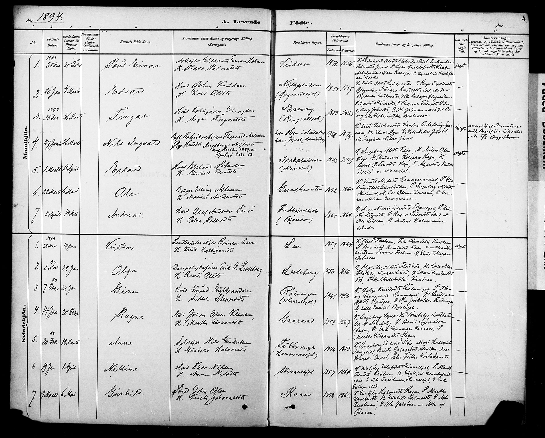 Krødsherad kirkebøker, AV/SAKO-A-19/G/Ga/L0002: Klokkerbok nr. 2, 1894-1918, s. 4