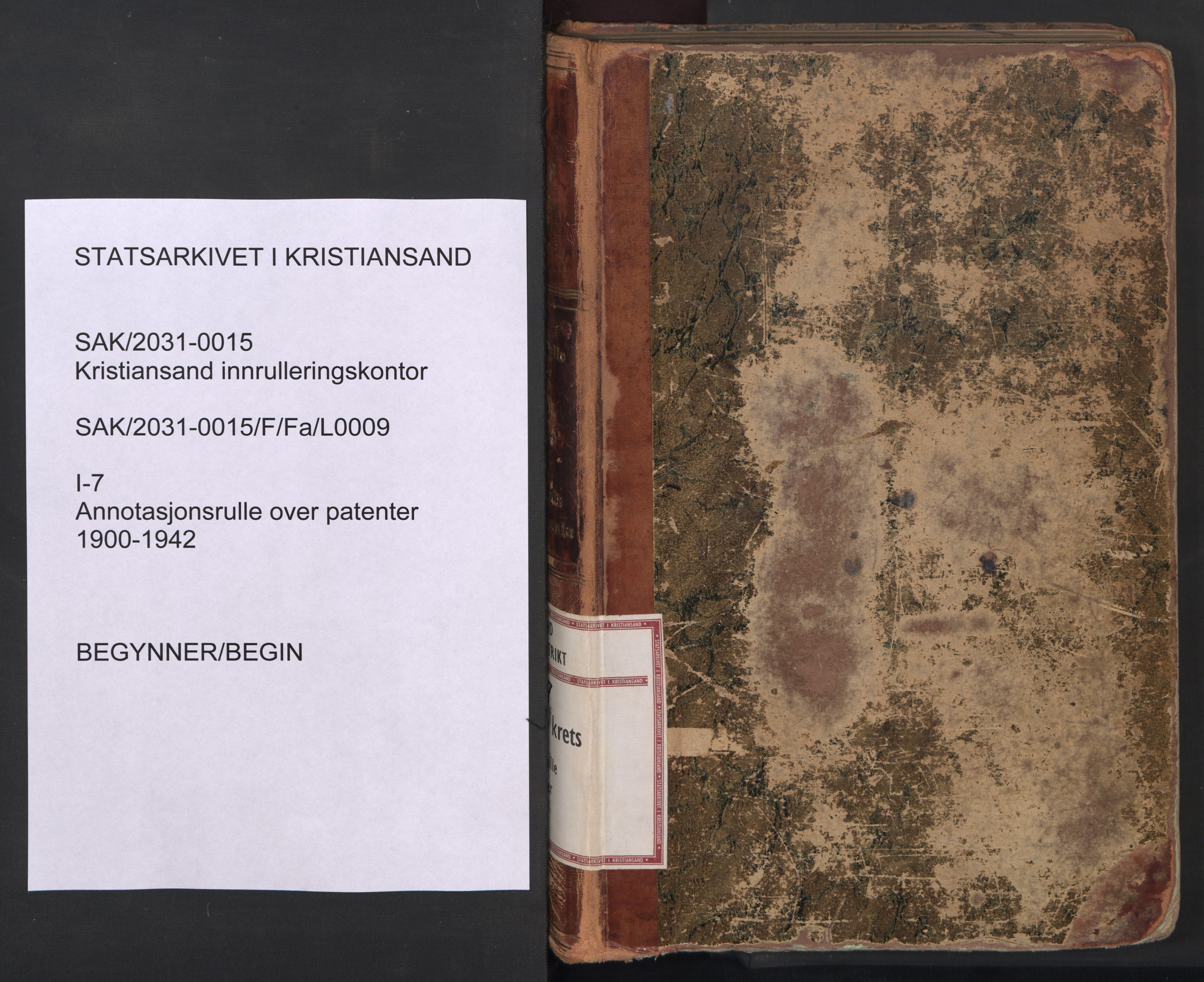 Kristiansand mønstringskrets, SAK/2031-0015/F/Fa/L0009: Annotasjonsrulle over patenter, I-7, 1900-1942, s. 1