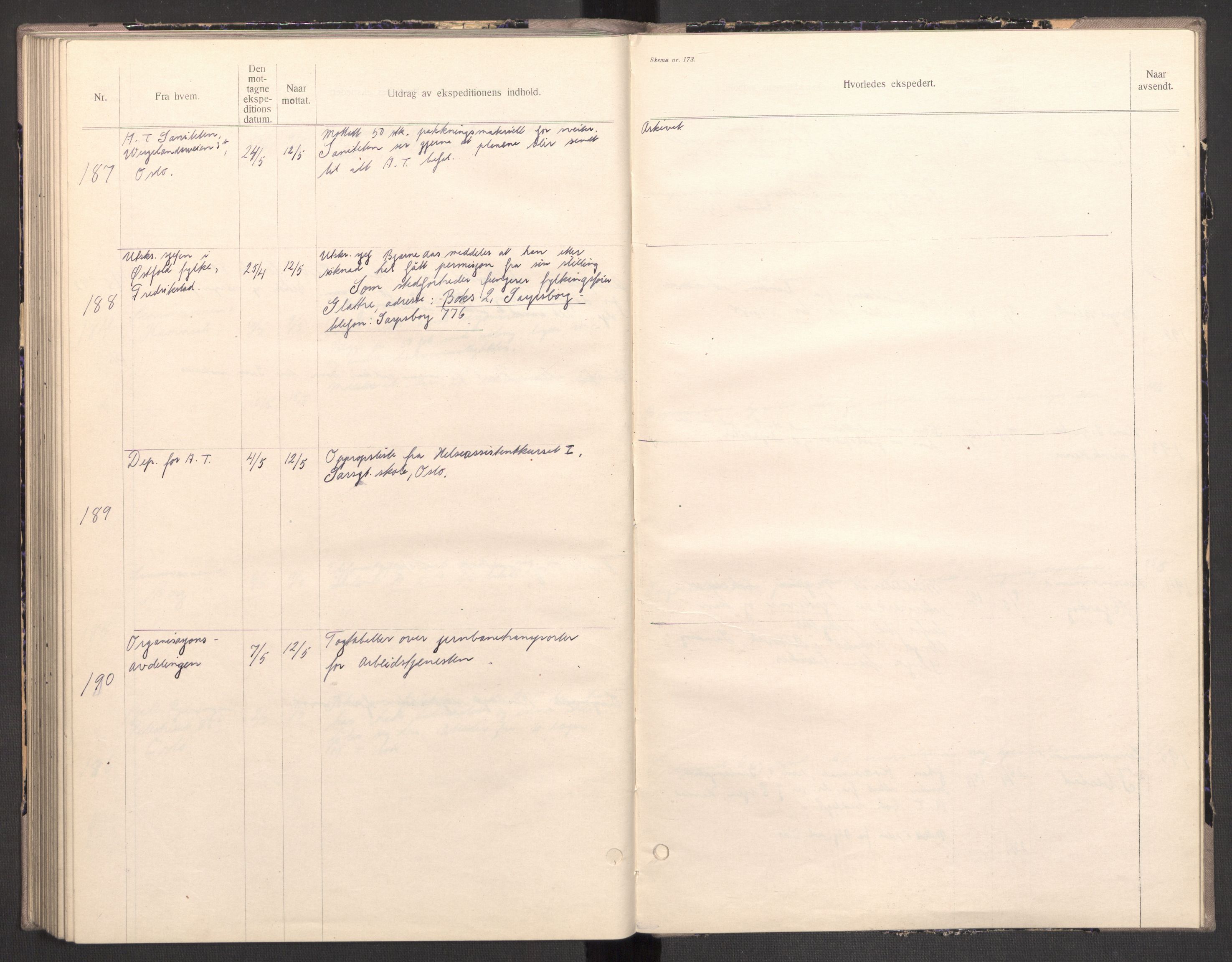 Norges arbeidstjeneste, AV/RA-S-5014/C/Ca/L0001: Journal for utskrivning Nordland og Troms, 1940-1942, s. 182