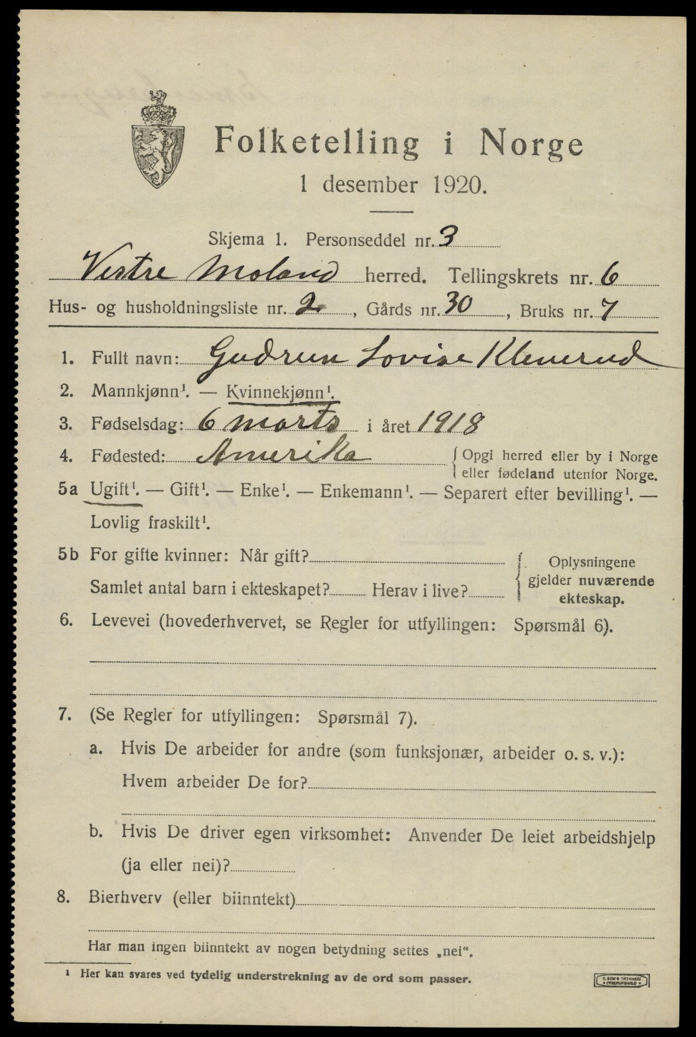 SAK, Folketelling 1920 for 0926 Vestre Moland herred, 1920, s. 4617