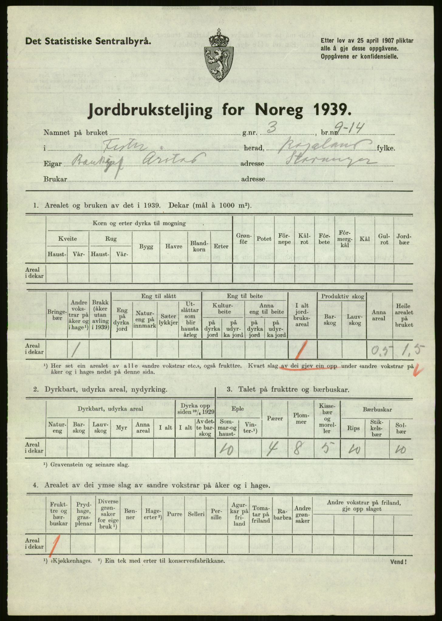 Statistisk sentralbyrå, Næringsøkonomiske emner, Jordbruk, skogbruk, jakt, fiske og fangst, AV/RA-S-2234/G/Gb/L0184: Rogaland: Årdal, Fister og Hjelmeland, 1939, s. 35