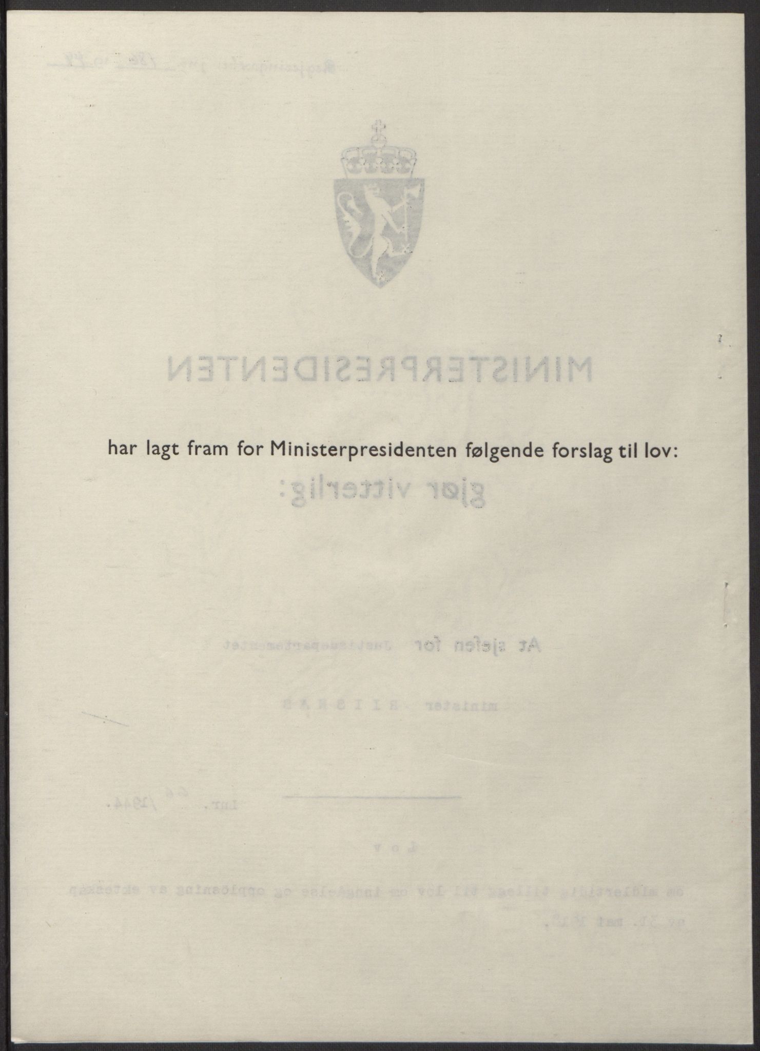 NS-administrasjonen 1940-1945 (Statsrådsekretariatet, de kommisariske statsråder mm), AV/RA-S-4279/D/Db/L0100: Lover, 1944, s. 313