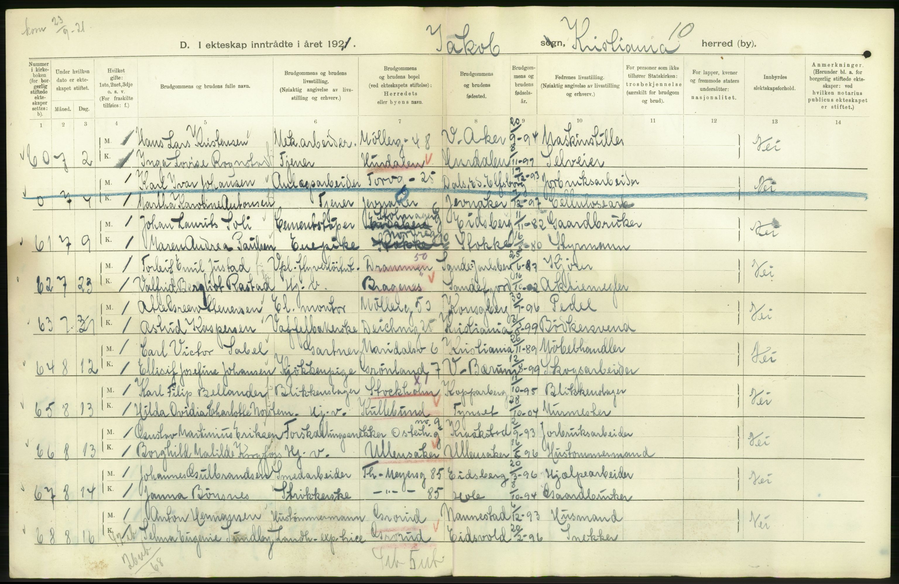 Statistisk sentralbyrå, Sosiodemografiske emner, Befolkning, AV/RA-S-2228/D/Df/Dfc/Dfca/L0011: Kristiania: Gifte, 1921, s. 594