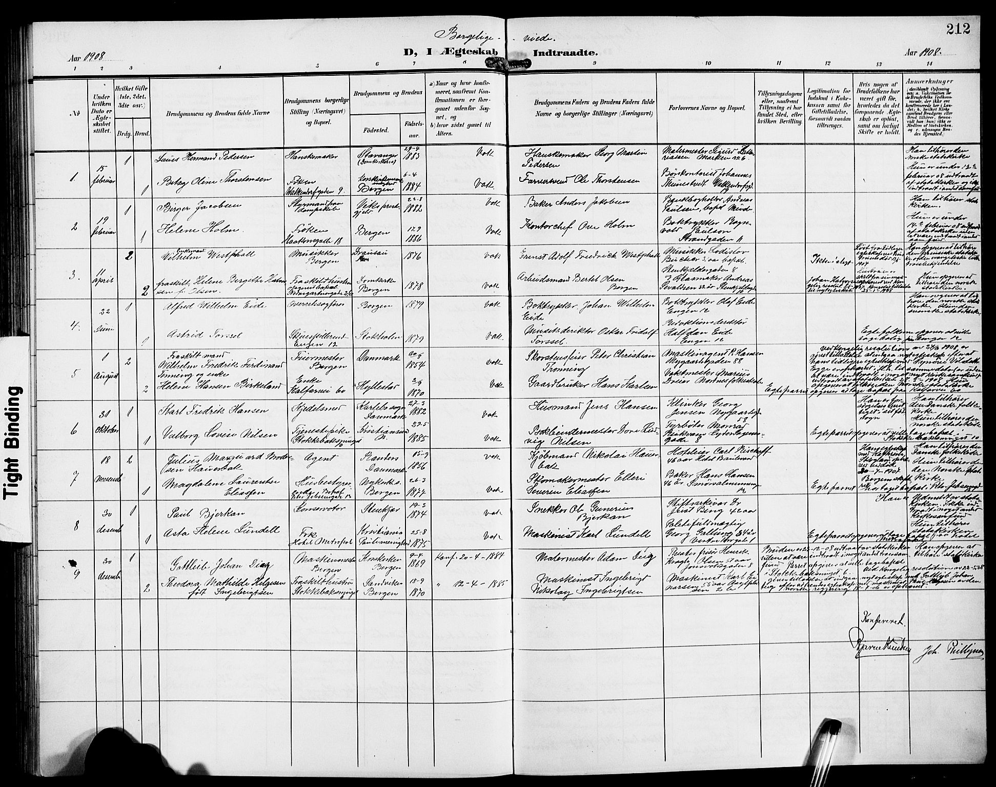 Domkirken sokneprestembete, AV/SAB-A-74801/H/Hab/L0033: Klokkerbok nr. D 5, 1907-1924, s. 212