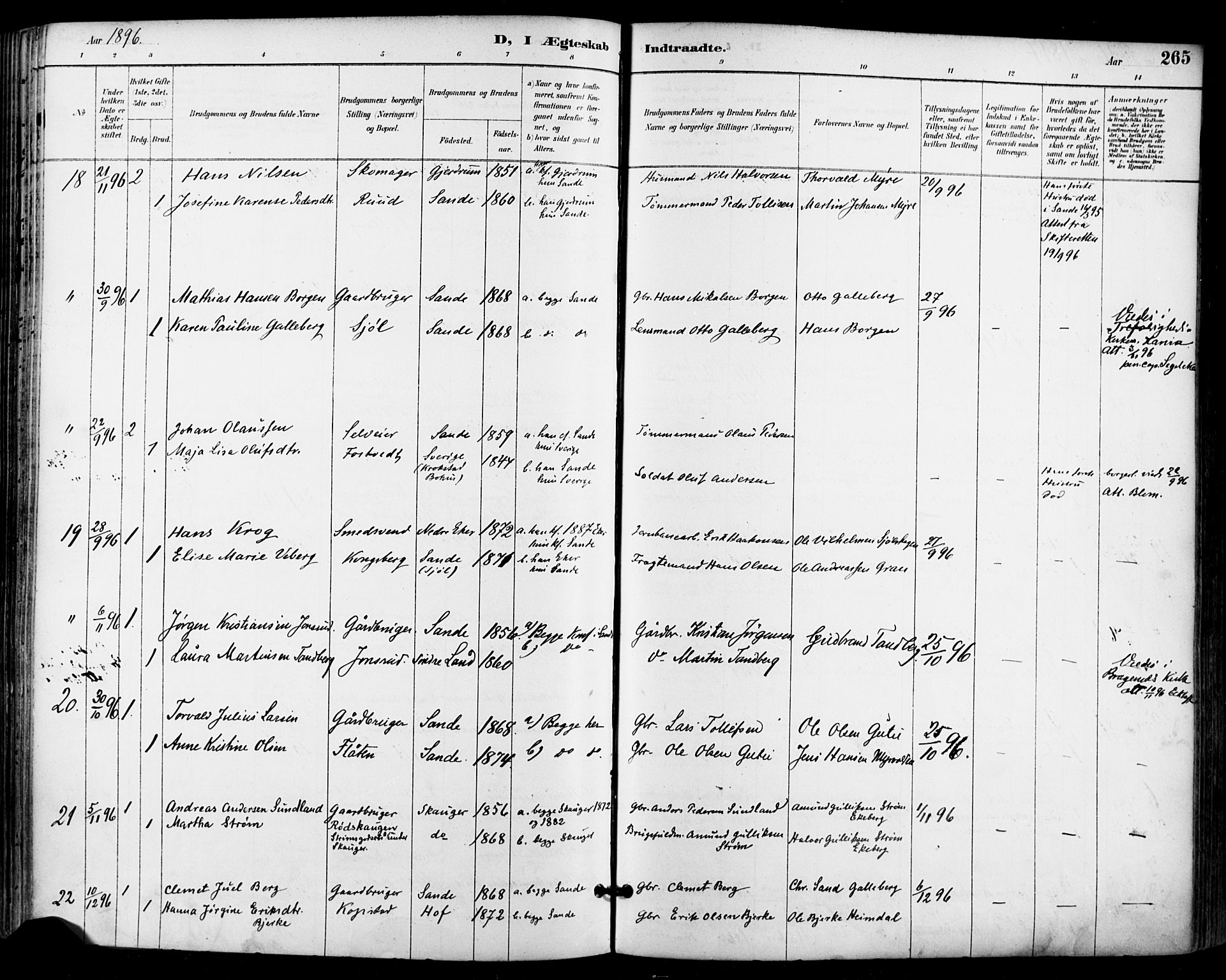 Sande Kirkebøker, AV/SAKO-A-53/F/Fa/L0007: Ministerialbok nr. 7, 1888-1903, s. 265