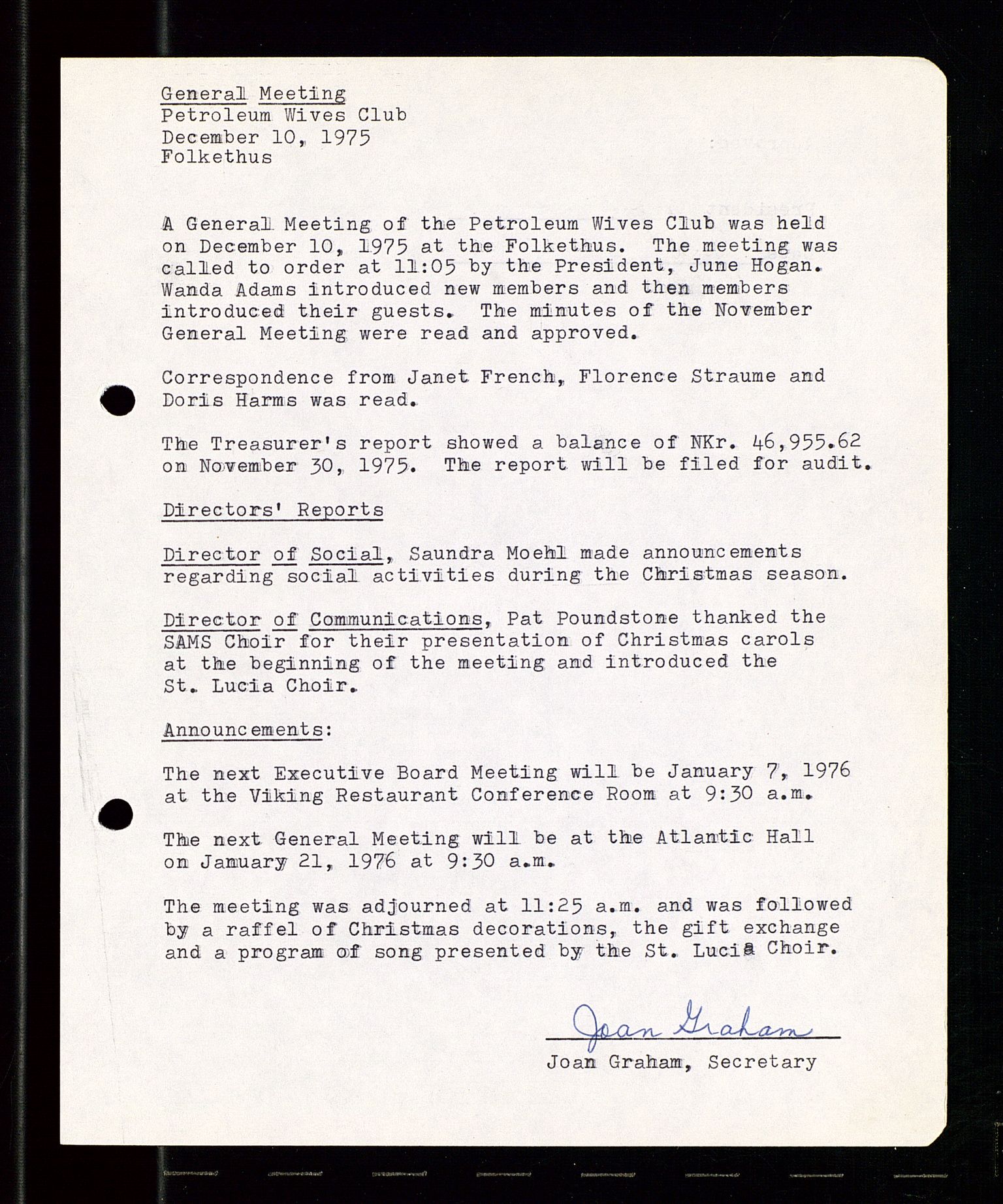 PA 1547 - Petroleum Wives Club, AV/SAST-A-101974/A/Aa/L0001: Board and General Meeting, 1970-1983