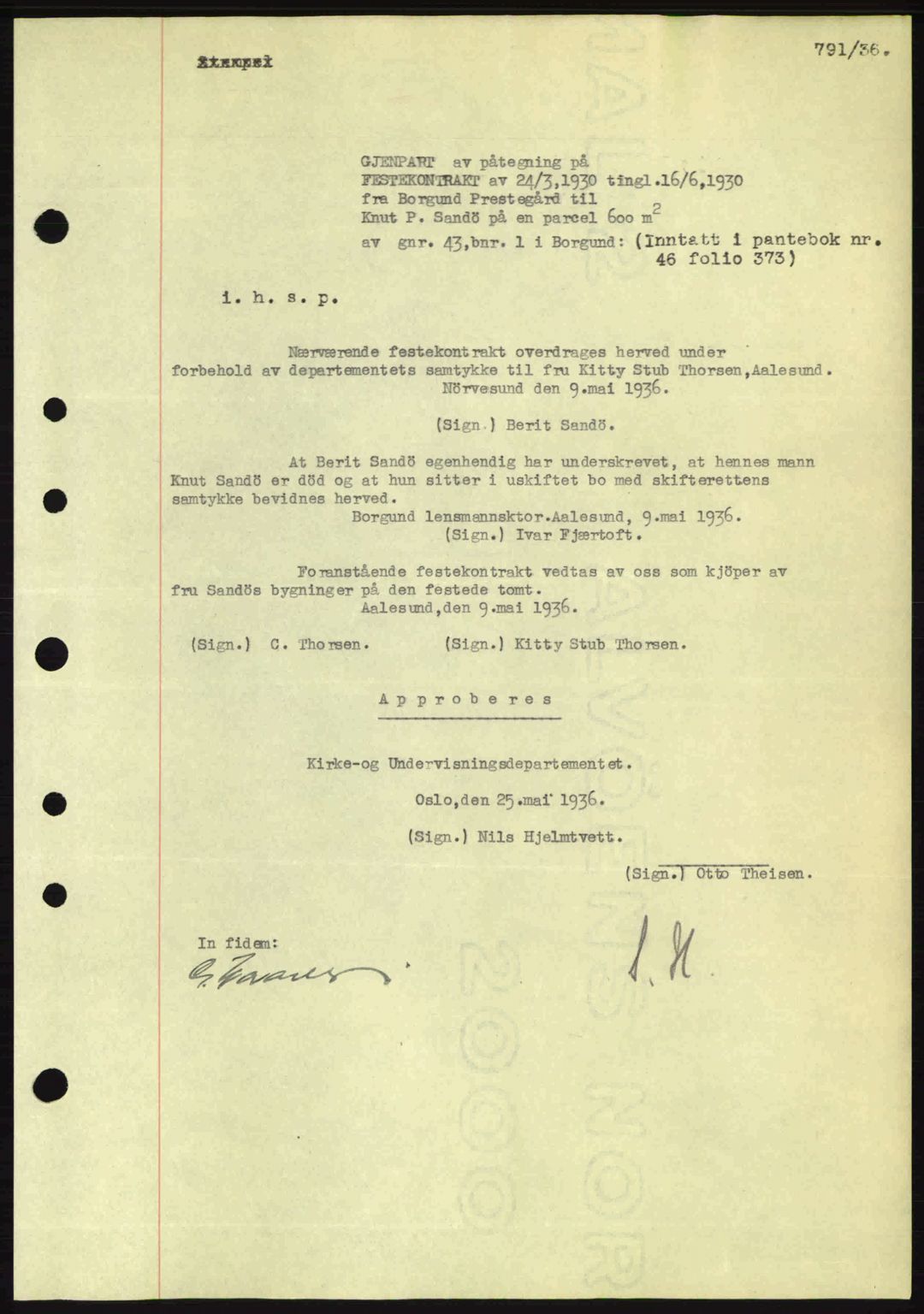 Nordre Sunnmøre sorenskriveri, AV/SAT-A-0006/1/2/2C/2Ca: Pantebok nr. A1, 1936-1936, Dagboknr: 791/1936