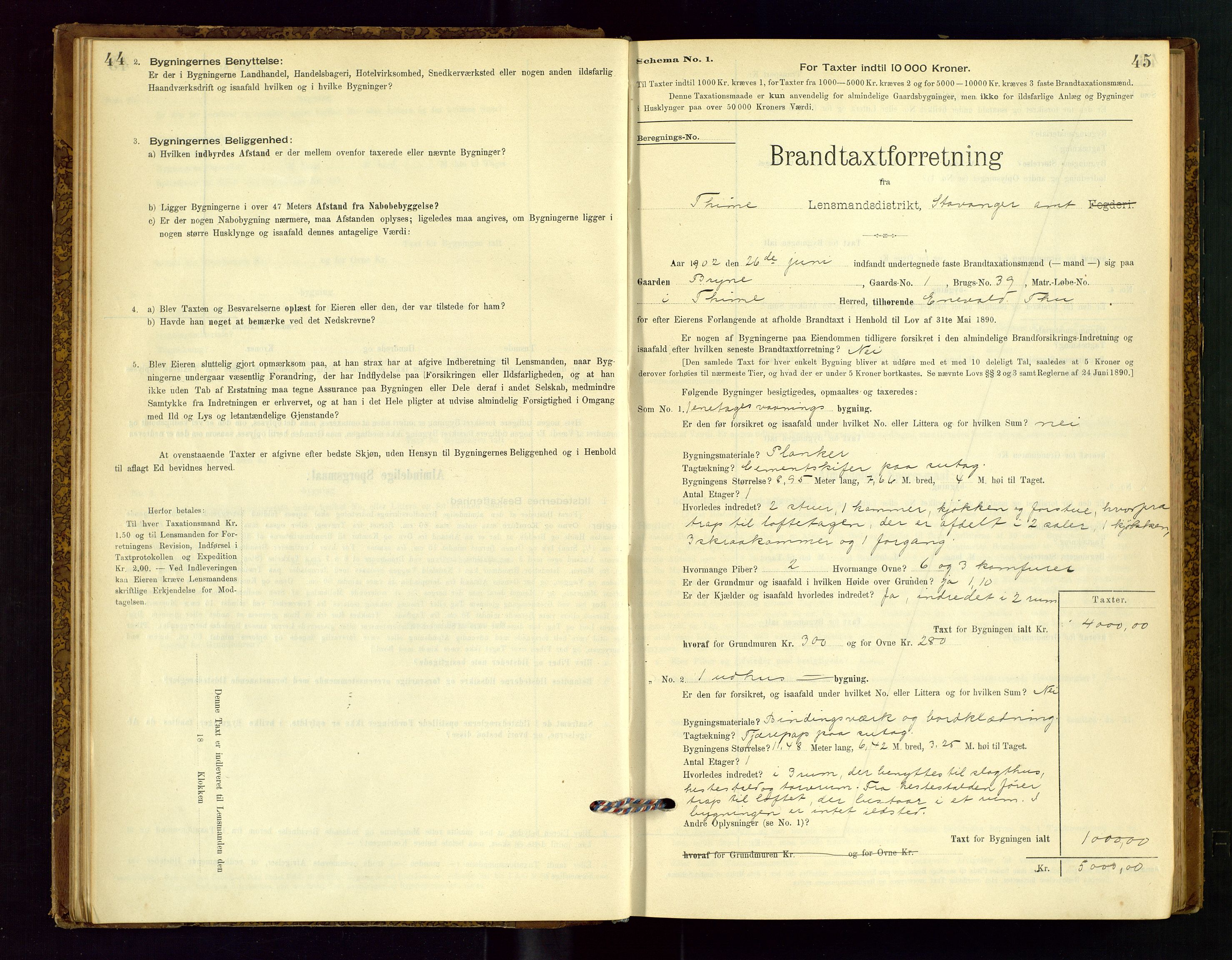 Time lensmannskontor, AV/SAST-A-100420/Gob/L0001: Branntakstprotokoll, 1896-1914, s. 44-45