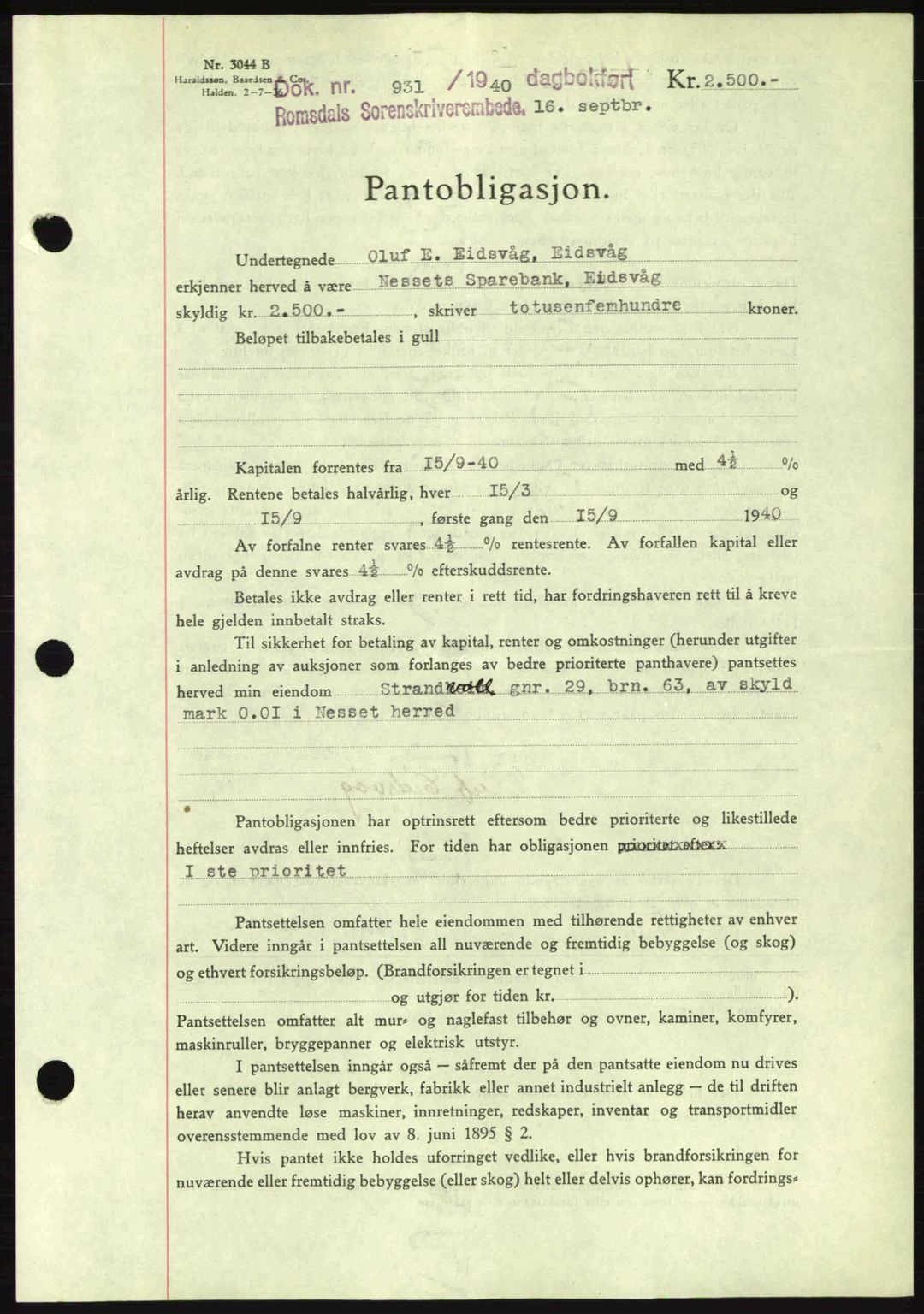 Romsdal sorenskriveri, SAT/A-4149/1/2/2C: Pantebok nr. B2, 1939-1945, Dagboknr: 931/1940