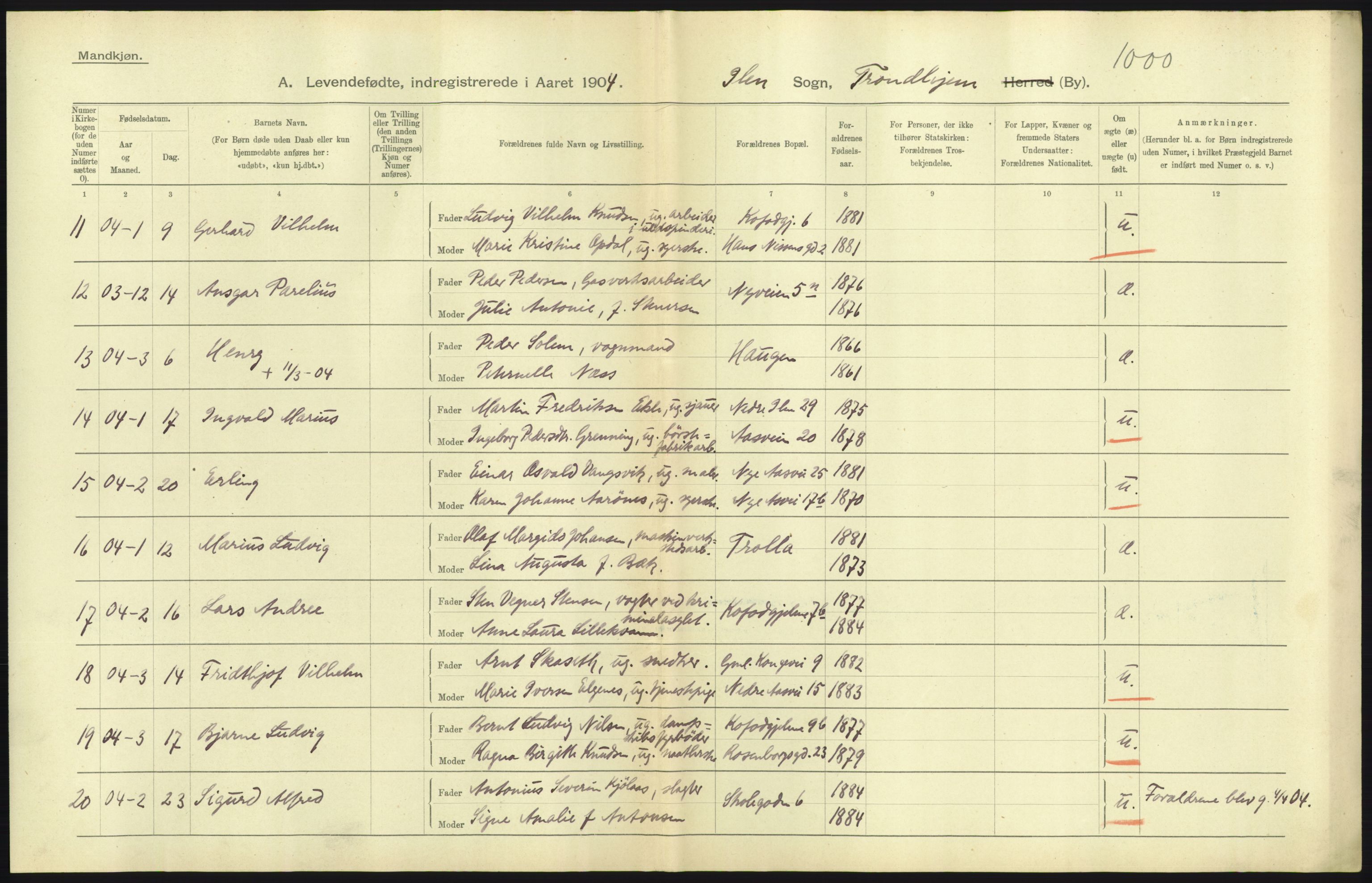 Statistisk sentralbyrå, Sosiodemografiske emner, Befolkning, RA/S-2228/D/Df/Dfa/Dfab/L0018: Trondhjem: Fødte, gifte, døde., 1904, s. 165