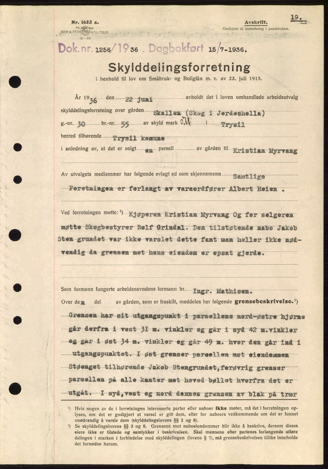 Sør-Østerdal sorenskriveri, SAH/TING-018/H/Hb/Hbb/L0054: Pantebok nr. A54, 1936-1936, Dagboknr: 1256/1936