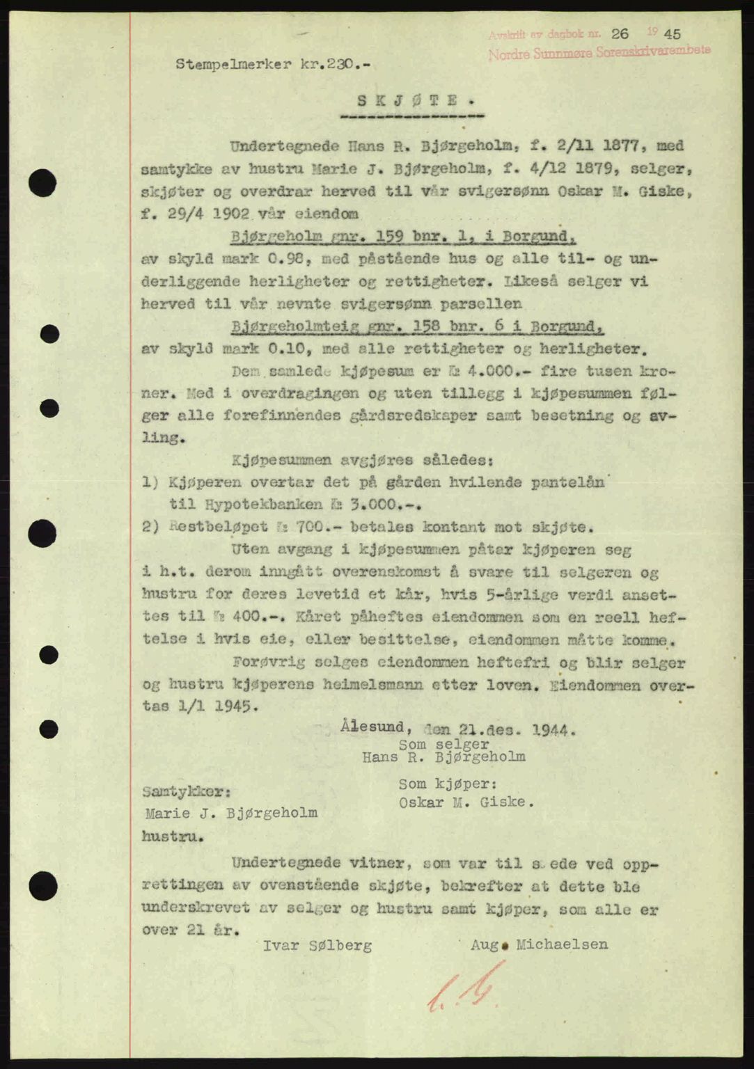 Nordre Sunnmøre sorenskriveri, SAT/A-0006/1/2/2C/2Ca: Pantebok nr. A19, 1944-1945, Dagboknr: 26/1945