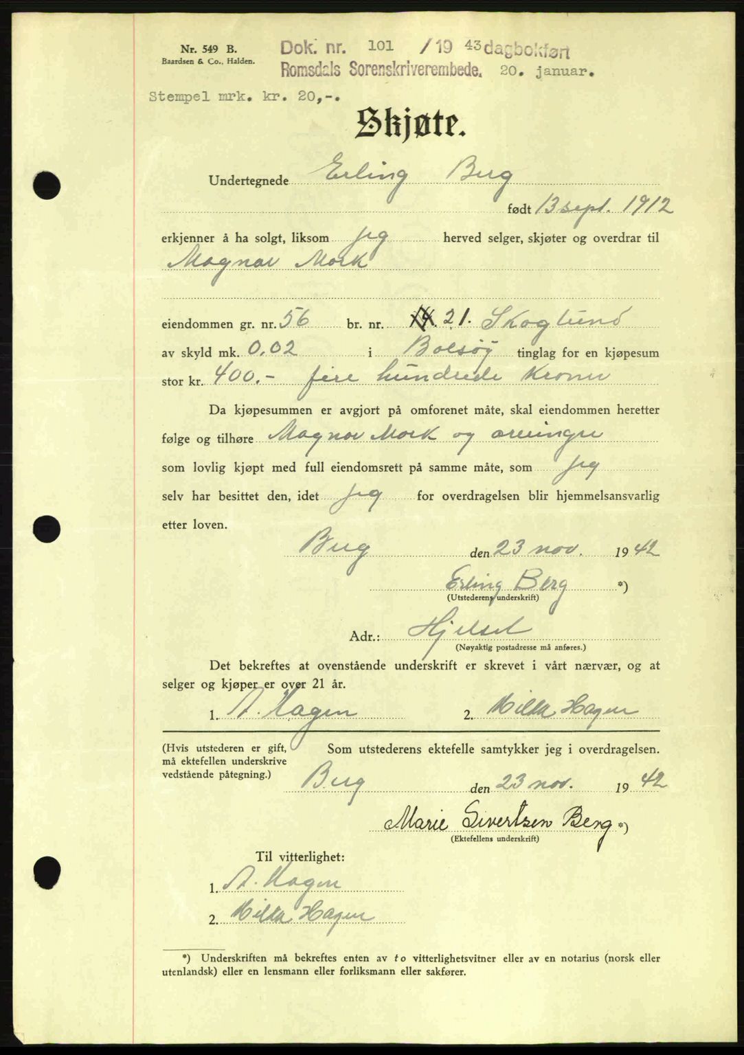 Romsdal sorenskriveri, SAT/A-4149/1/2/2C: Pantebok nr. A13, 1942-1943, Dagboknr: 101/1943