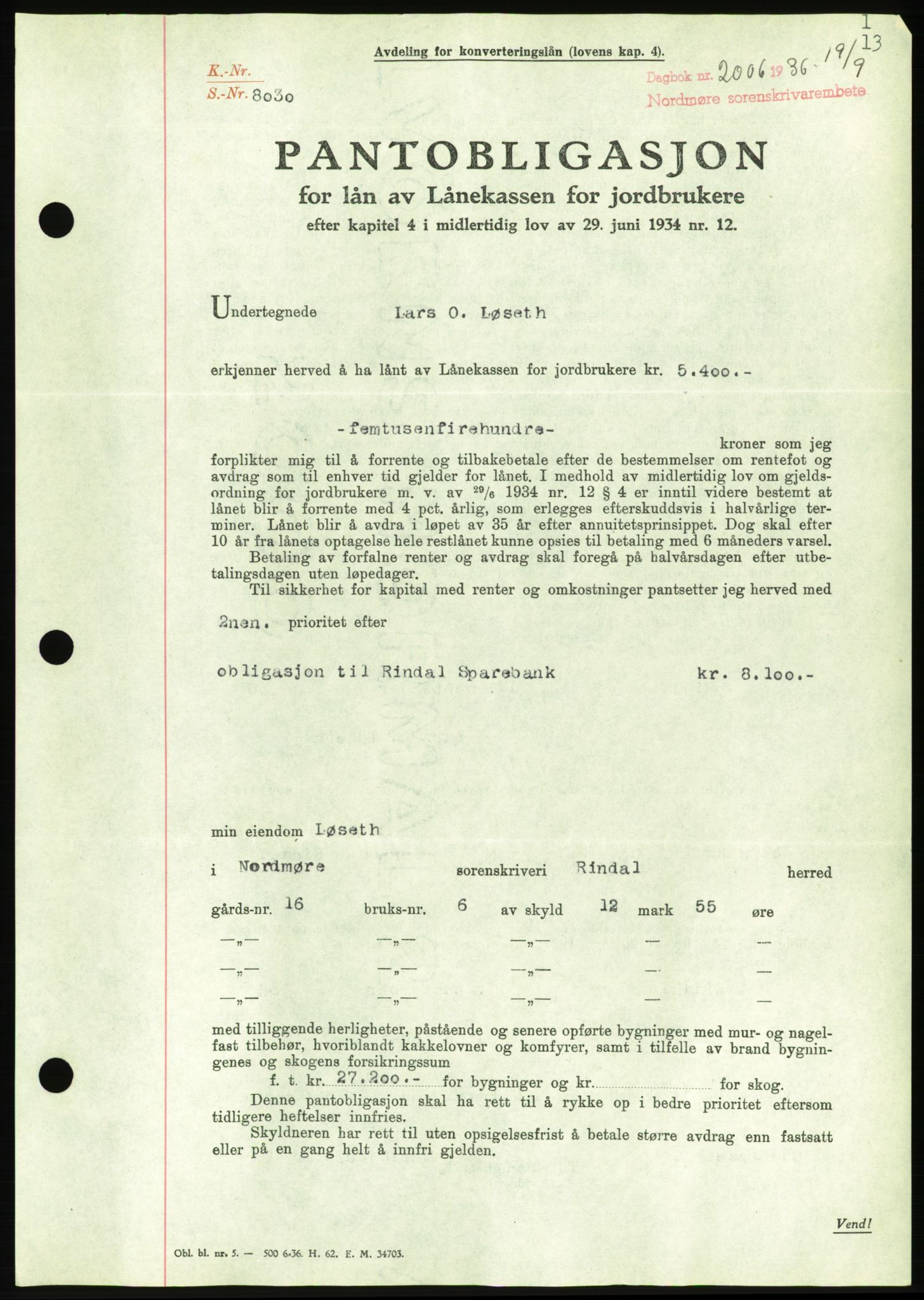 Nordmøre sorenskriveri, AV/SAT-A-4132/1/2/2Ca/L0090: Pantebok nr. B80, 1936-1937, Dagboknr: 2006/1936