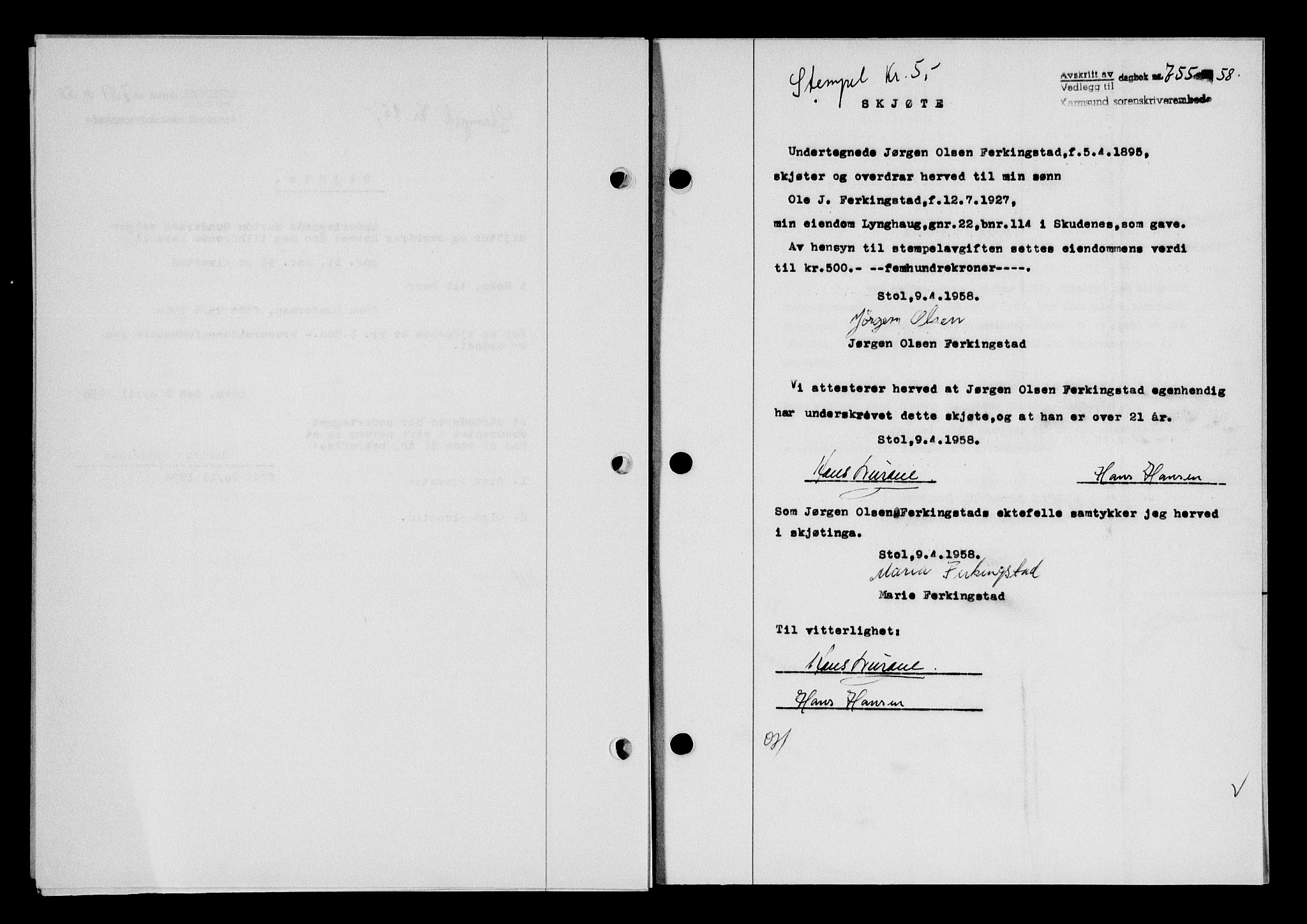 Karmsund sorenskriveri, SAST/A-100311/01/II/IIB/L0128: Pantebok nr. 108A, 1958-1958, Dagboknr: 755/1958