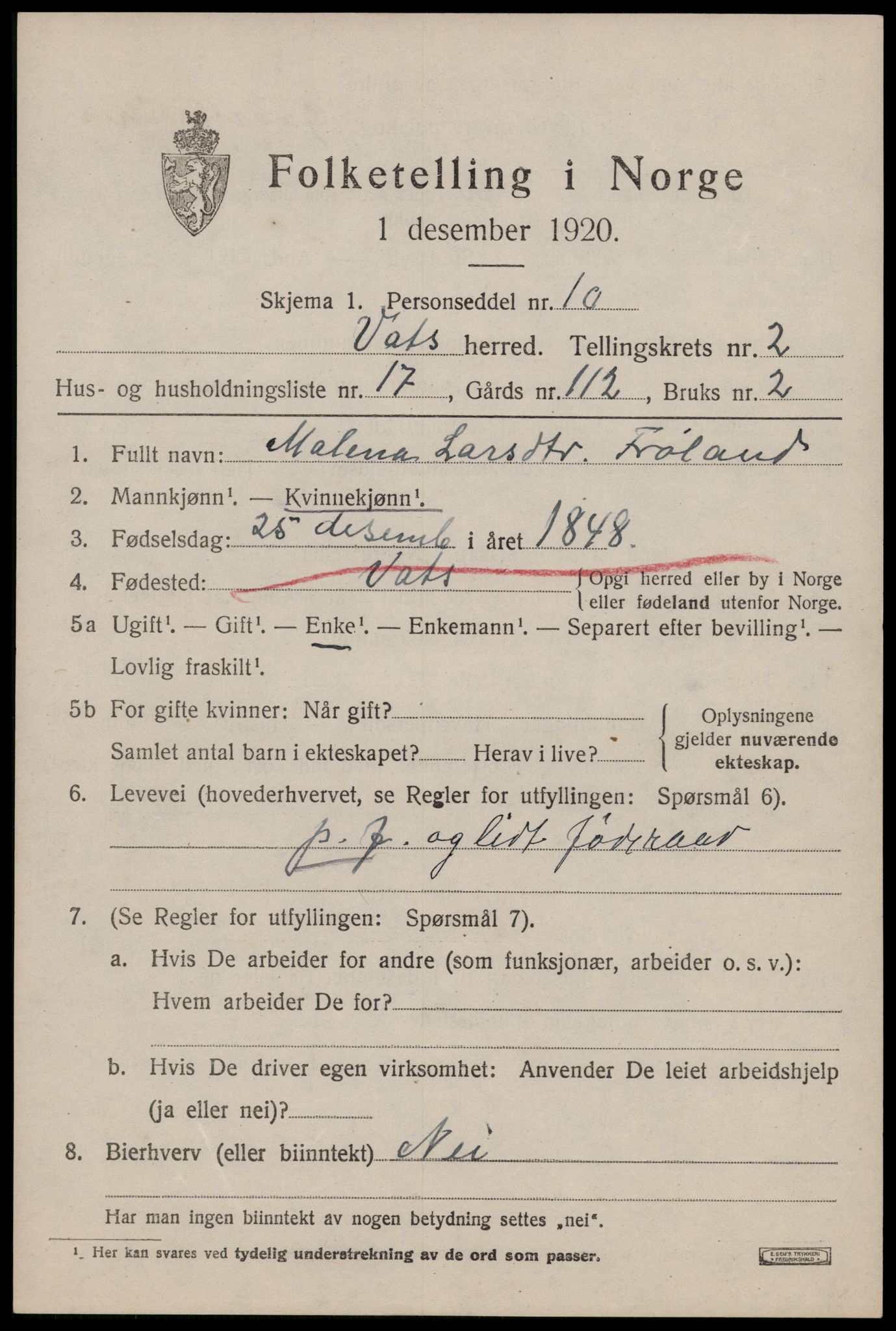 SAST, Folketelling 1920 for 1155 Vats herred, 1920, s. 985