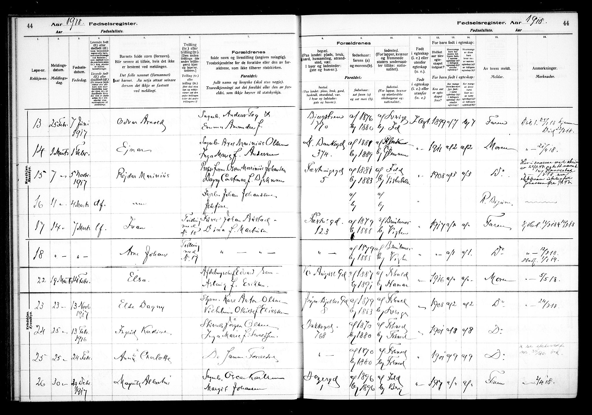 Halden prestekontor Kirkebøker, AV/SAO-A-10909/J/Ja/L0001: Fødselsregister nr. I 1, 1916-1925, s. 44