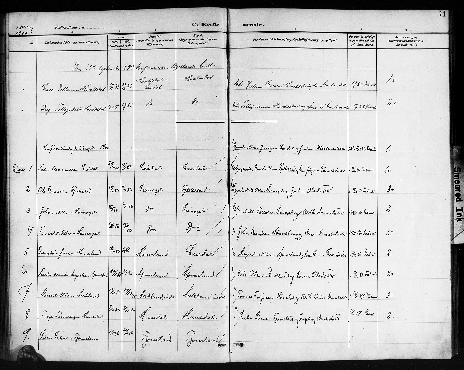 Holum sokneprestkontor, AV/SAK-1111-0022/F/Fb/Fbb/L0004: Klokkerbok nr. B 4, 1899-1920, s. 71