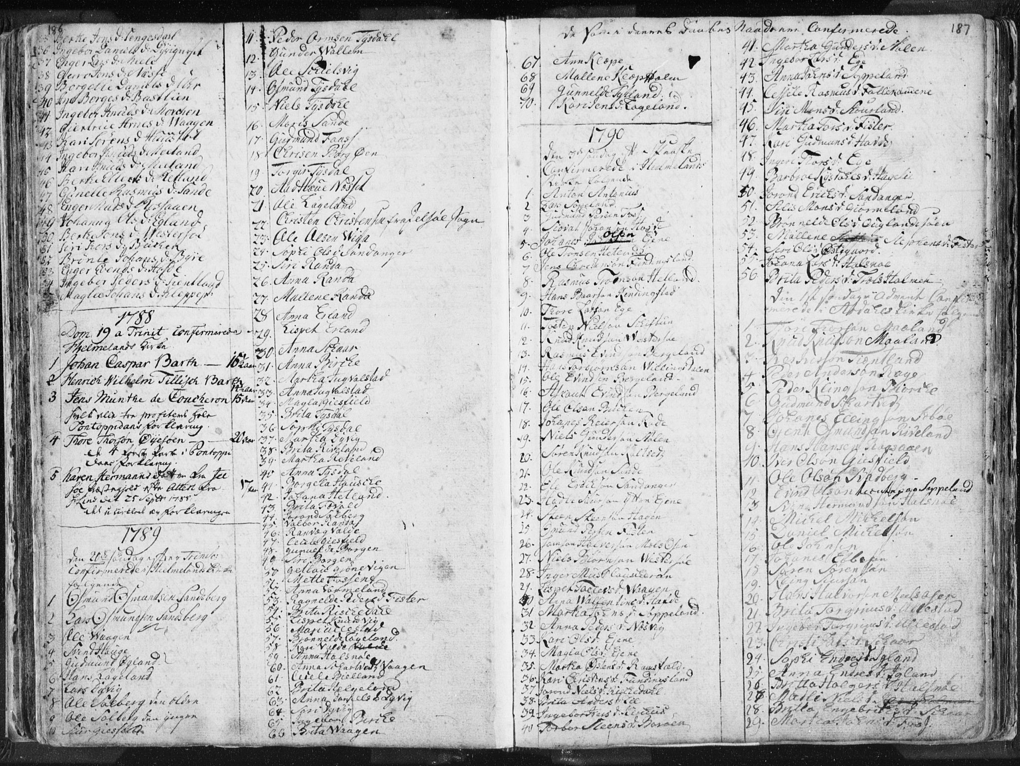 Hjelmeland sokneprestkontor, AV/SAST-A-101843/01/IV/L0001: Ministerialbok nr. A 1, 1760-1799, s. 186-187