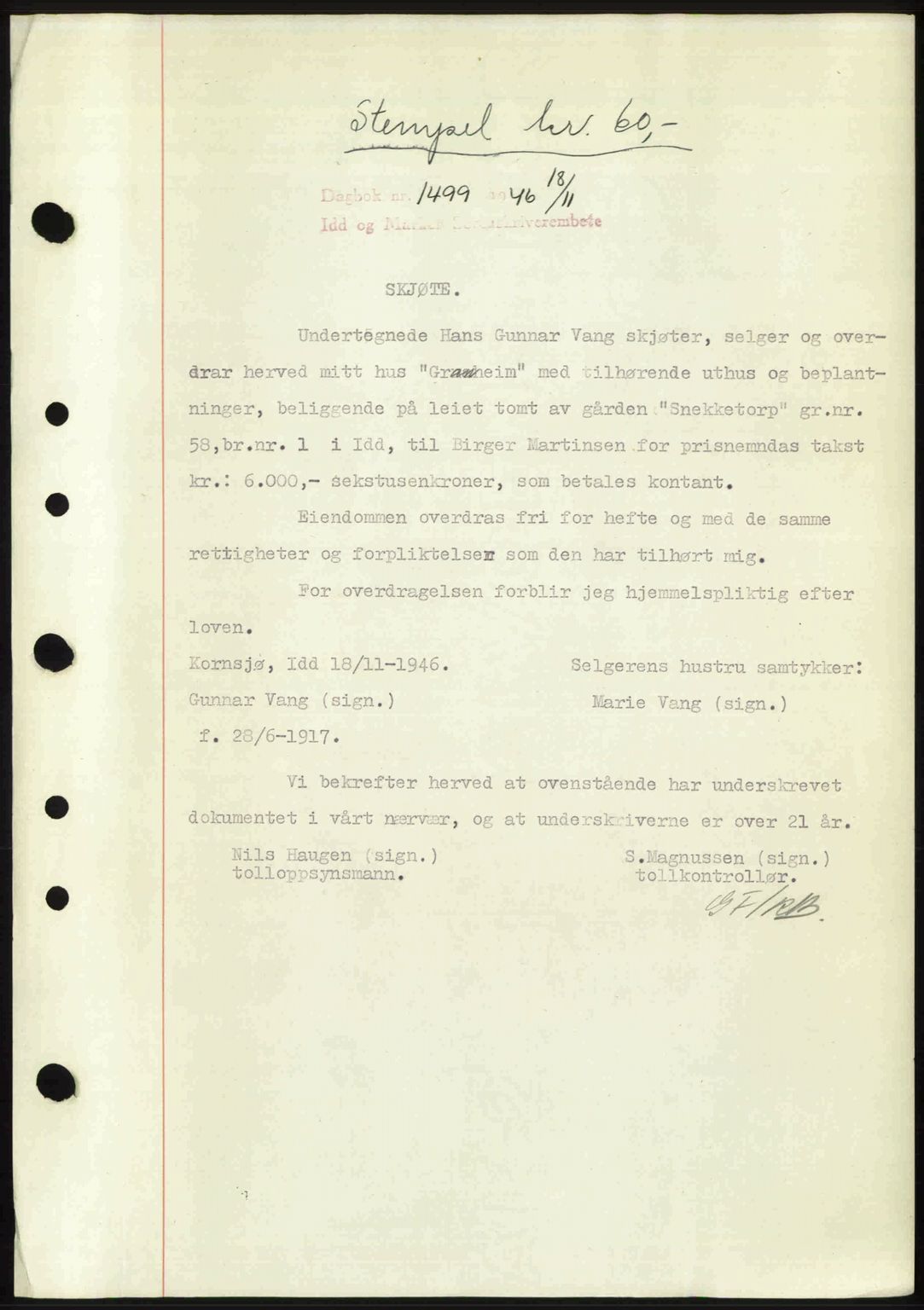 Idd og Marker sorenskriveri, SAO/A-10283/G/Gb/Gbb/L0008: Pantebok nr. A8, 1946-1946, Dagboknr: 1499/1946
