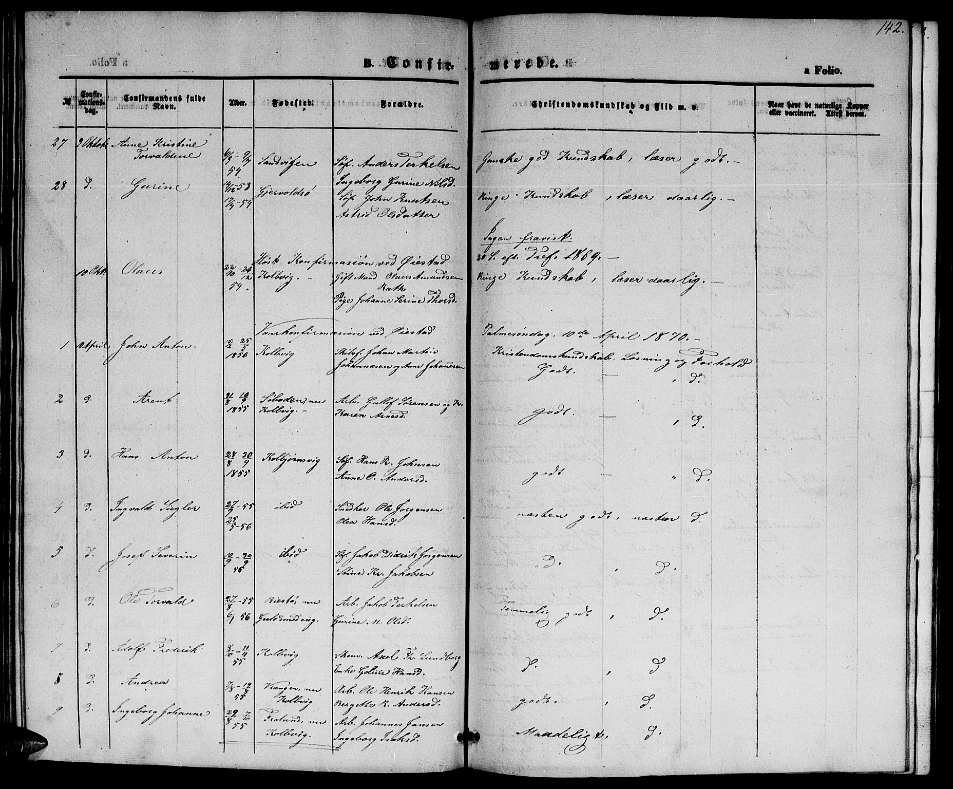 Hisøy sokneprestkontor, SAK/1111-0020/F/Fb/L0001: Klokkerbok nr. B 1, 1849-1872, s. 142