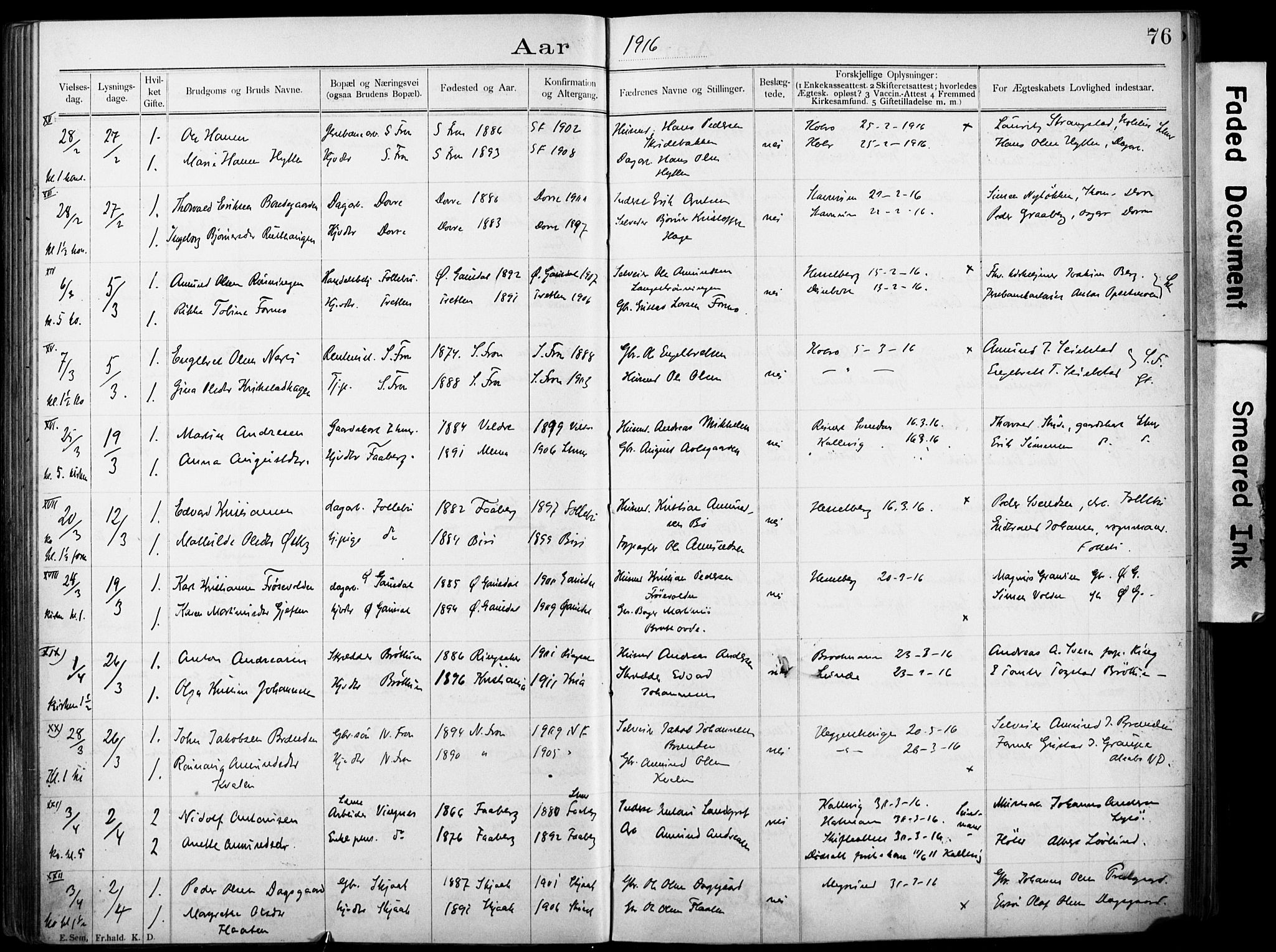 Lillehammer prestekontor, AV/SAH-PREST-088/I/Ie: Lysningsprotokoll nr. 1, 1903-1932, s. 76