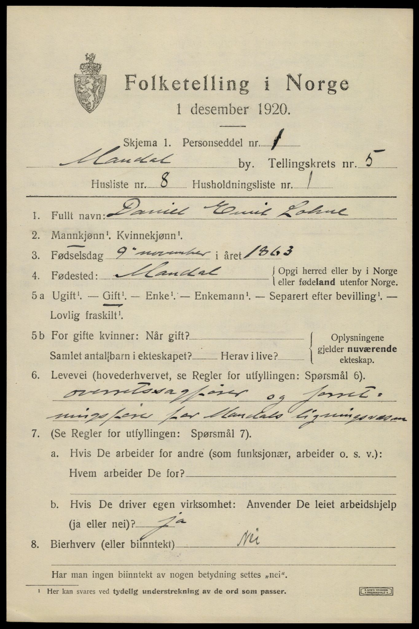 SAK, Folketelling 1920 for 1002 Mandal ladested, 1920, s. 8277