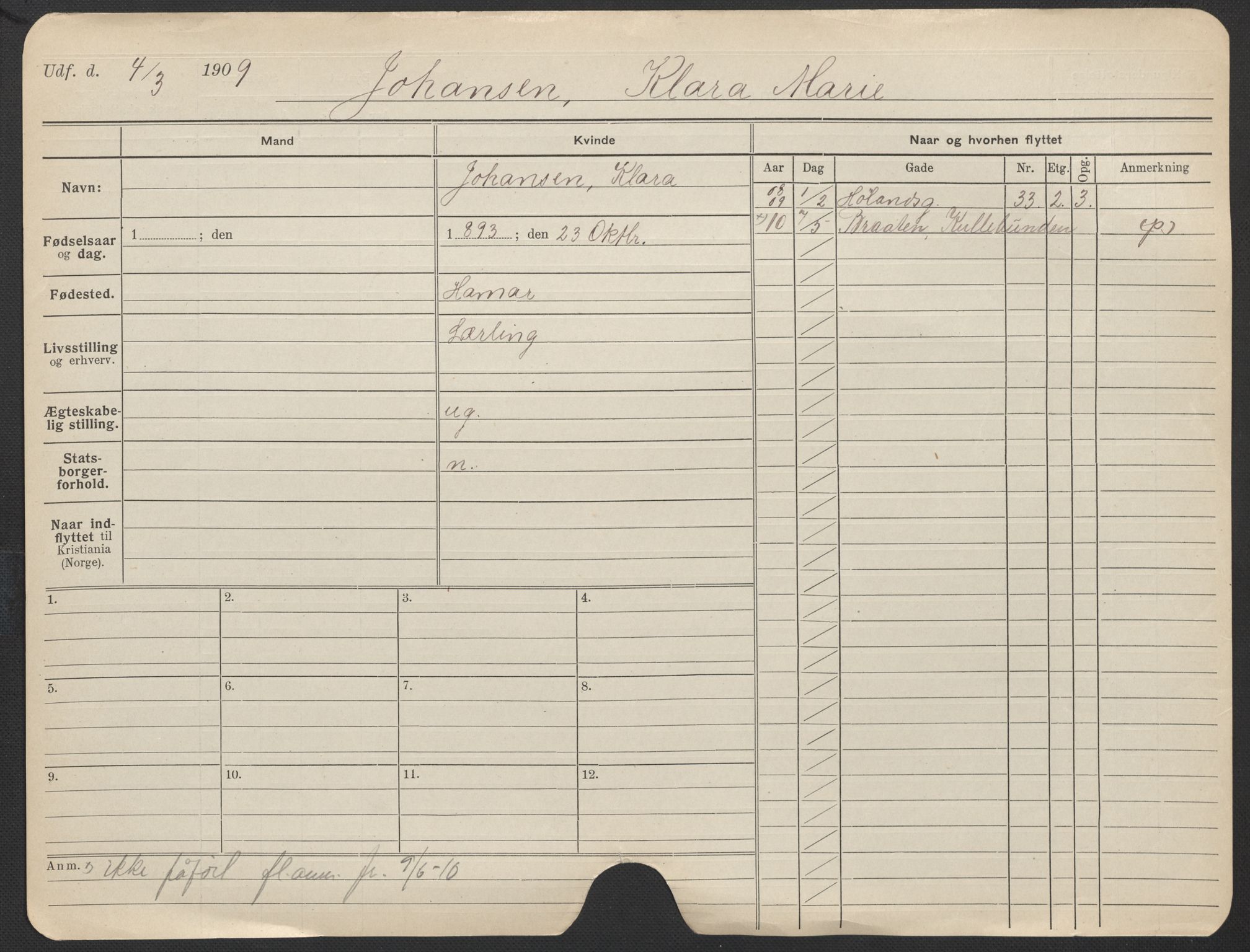 Oslo folkeregister, Registerkort, AV/SAO-A-11715/F/Fa/Fac/L0018: Kvinner, 1906-1914, s. 225a