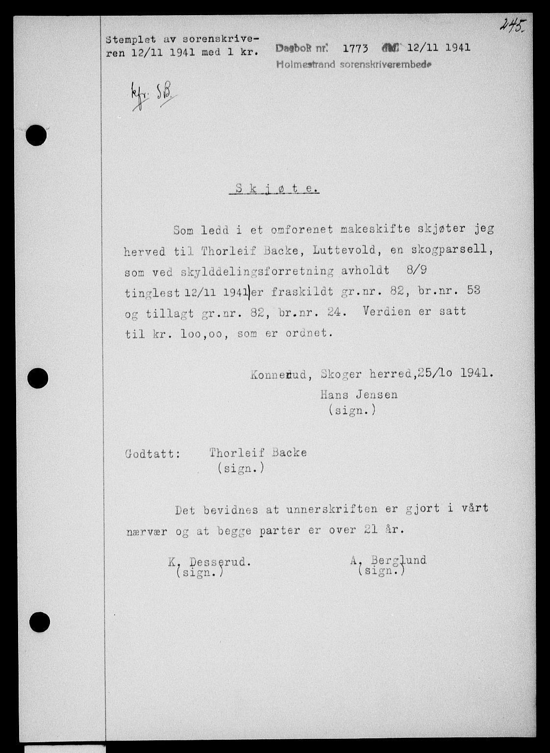 Holmestrand sorenskriveri, SAKO/A-67/G/Ga/Gaa/L0054: Pantebok nr. A-54, 1941-1942, Dagboknr: 1773/1941
