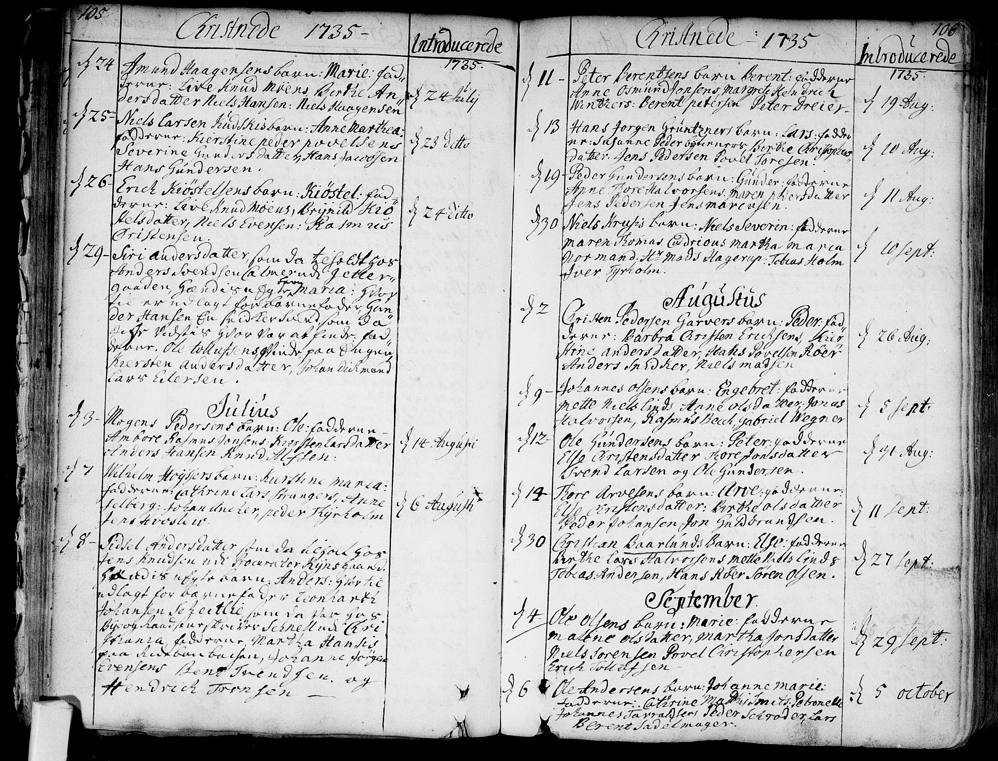 Bragernes kirkebøker, SAKO/A-6/F/Fa/L0004: Ministerialbok nr. I 4, 1734-1759, s. 105-106