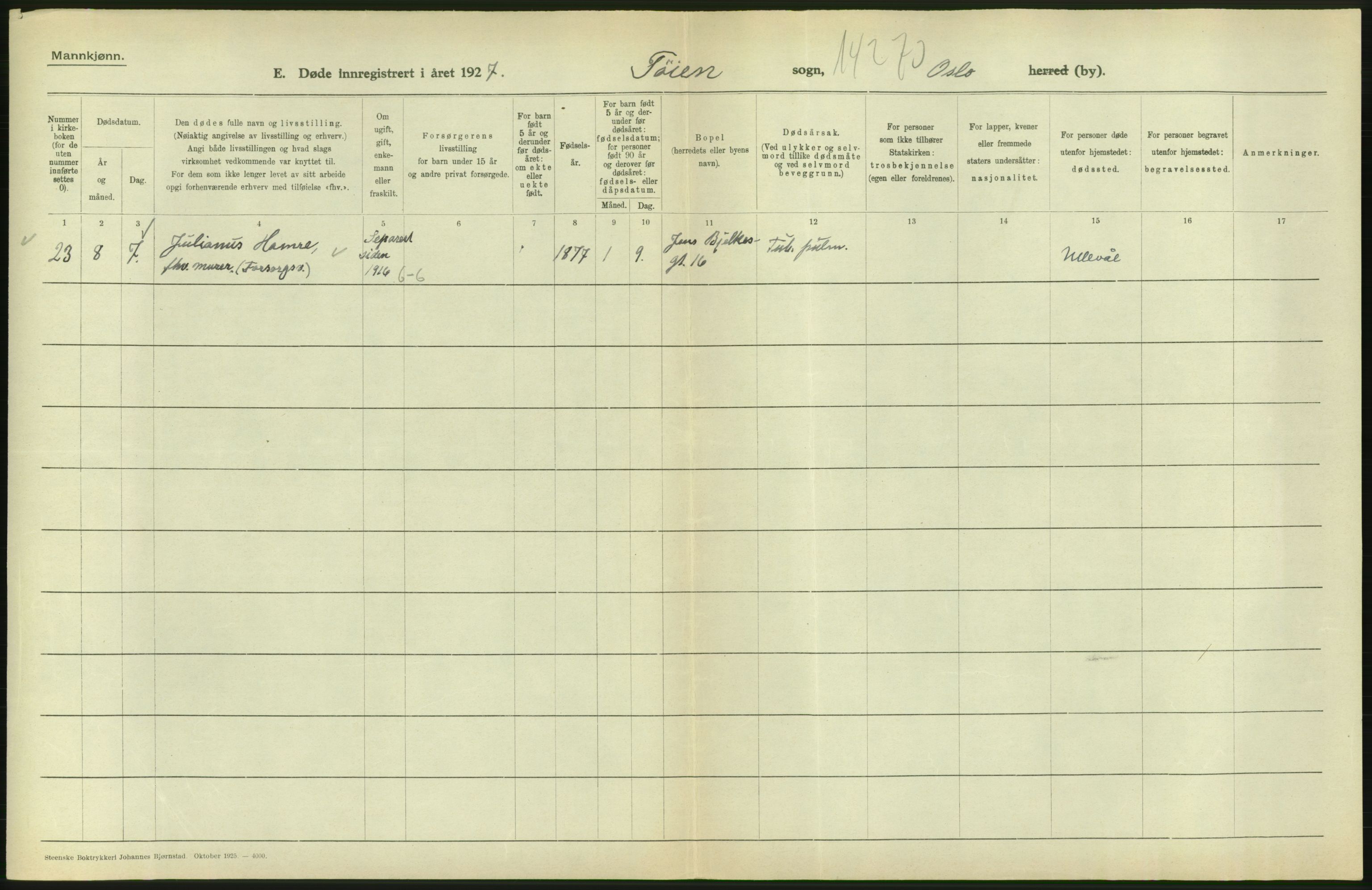 Statistisk sentralbyrå, Sosiodemografiske emner, Befolkning, AV/RA-S-2228/D/Df/Dfc/Dfcg/L0009: Oslo: Døde menn, 1927, s. 610