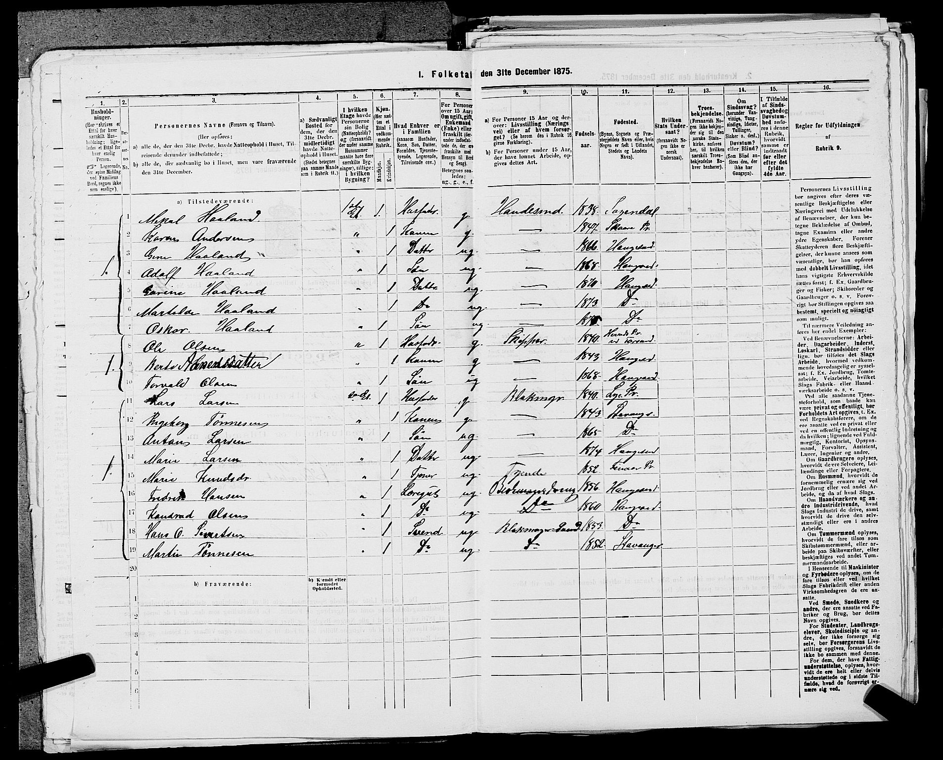 SAST, Folketelling 1875 for 1106B Torvastad prestegjeld, Haugesund kjøpstad, 1875, s. 346