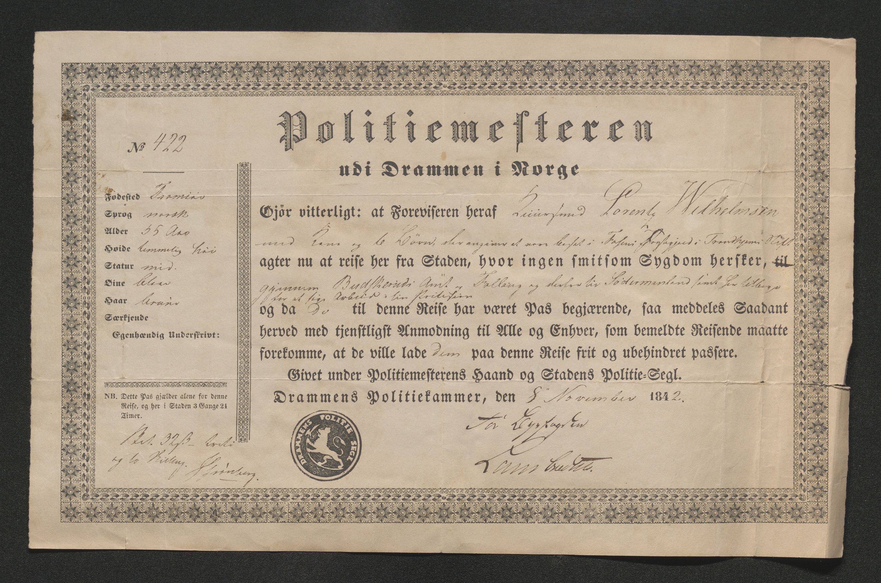 Drammen politikammer, AV/SAKO-A-623/I/Ia/Iab/L0007: Innleverte pass, 1843-1844, s. 69