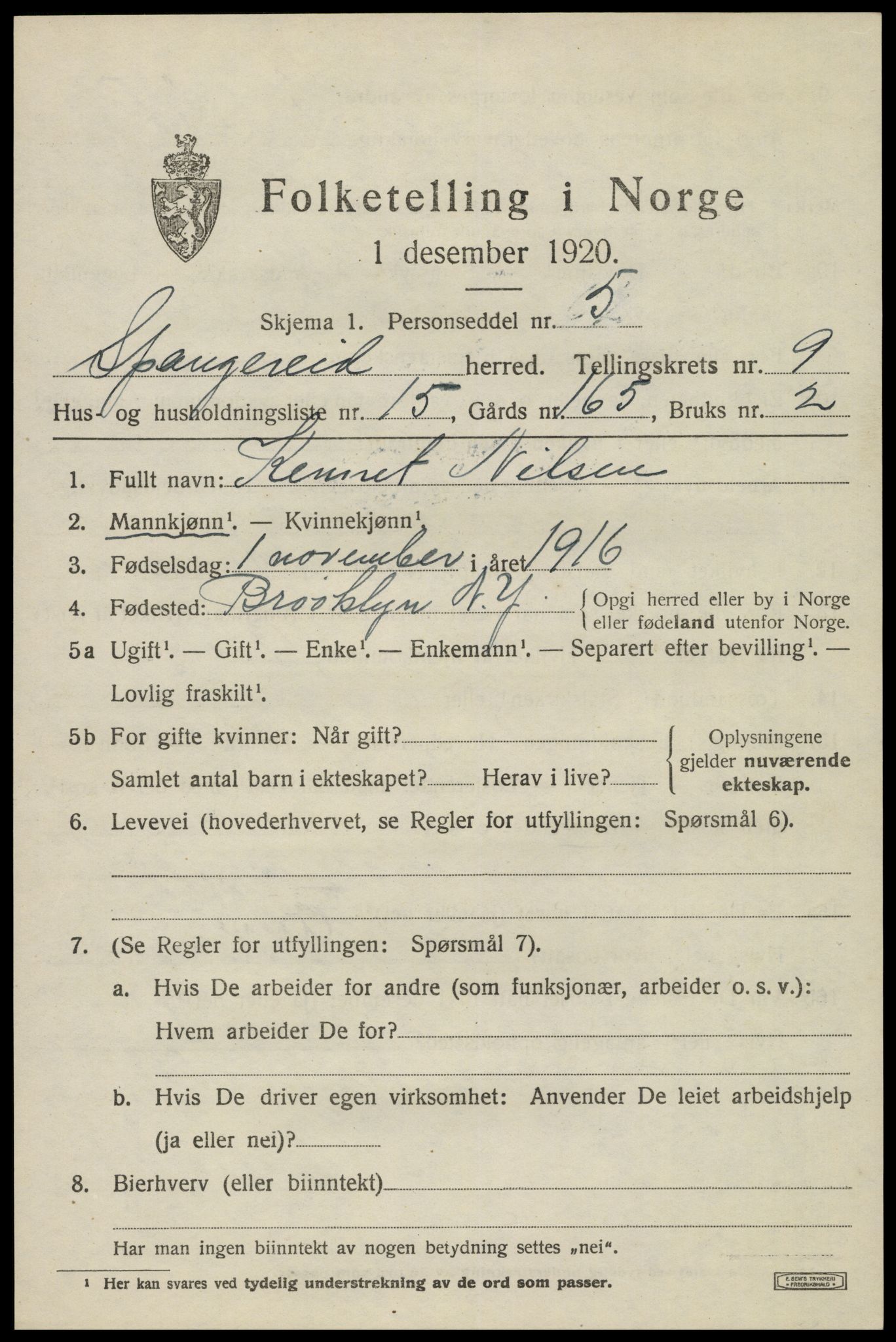 SAK, Folketelling 1920 for 1030 Spangereid herred, 1920, s. 3309